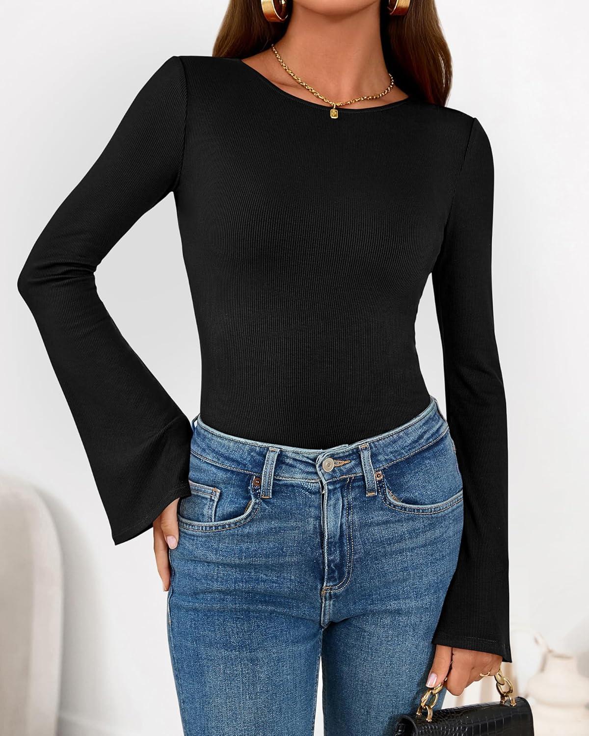 imageBTFBM Long Sleeve Shirts for Women 2025 Fall Y2K Clothes Casual Solid Color Boat Neck Bell Sleeve Fitted Going Out TopsBlack