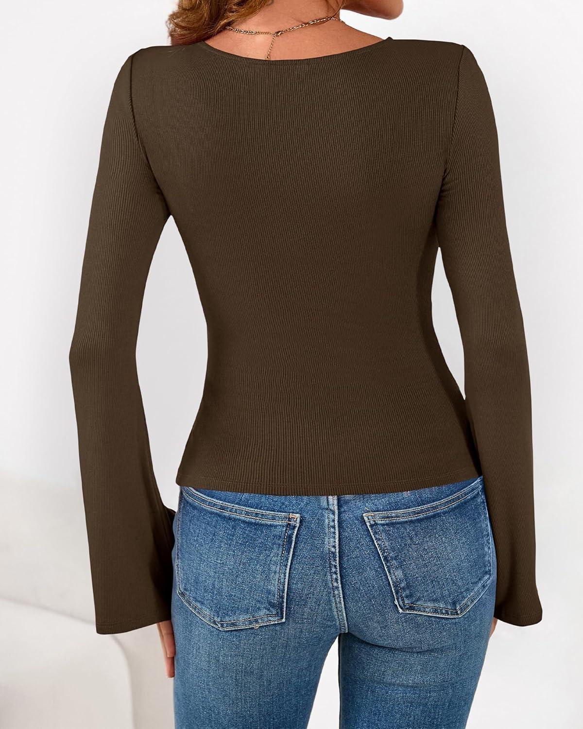 imageBTFBM Long Sleeve Shirts for Women 2025 Fall Y2K Clothes Casual Solid Color Boat Neck Bell Sleeve Fitted Going Out TopsBrown