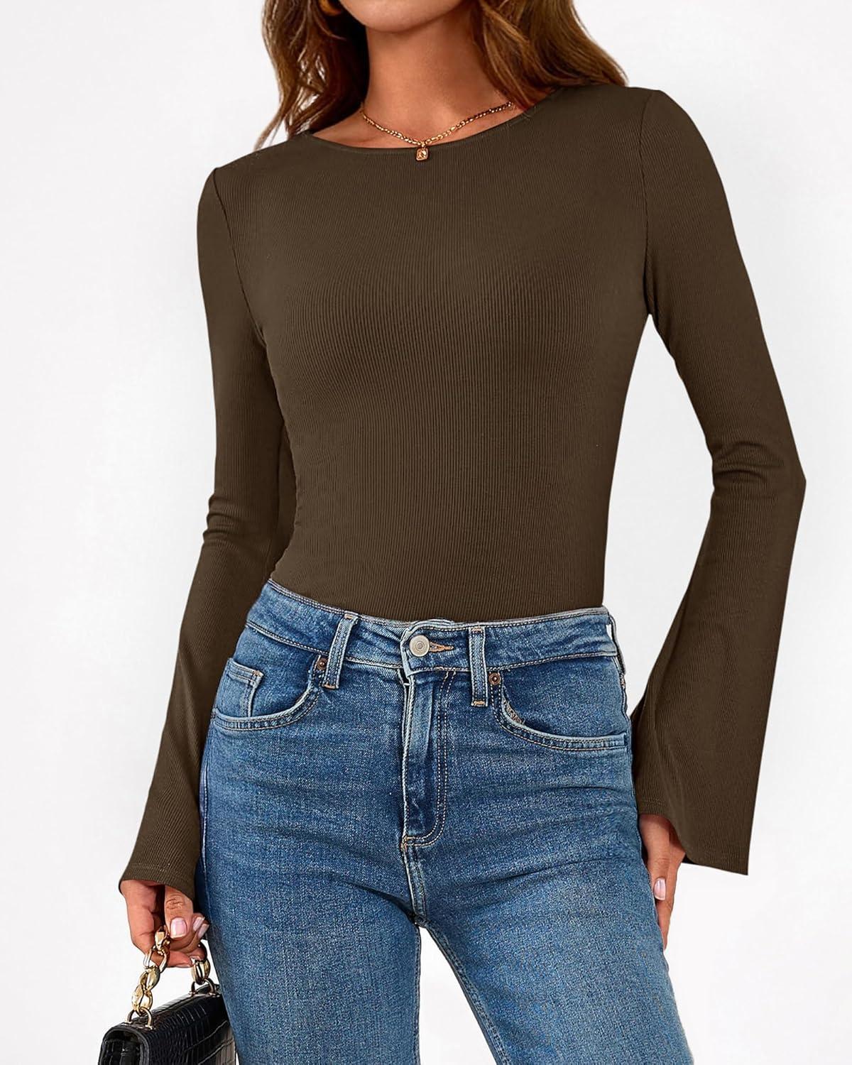 imageBTFBM Long Sleeve Shirts for Women 2025 Fall Y2K Clothes Casual Solid Color Boat Neck Bell Sleeve Fitted Going Out TopsBrown
