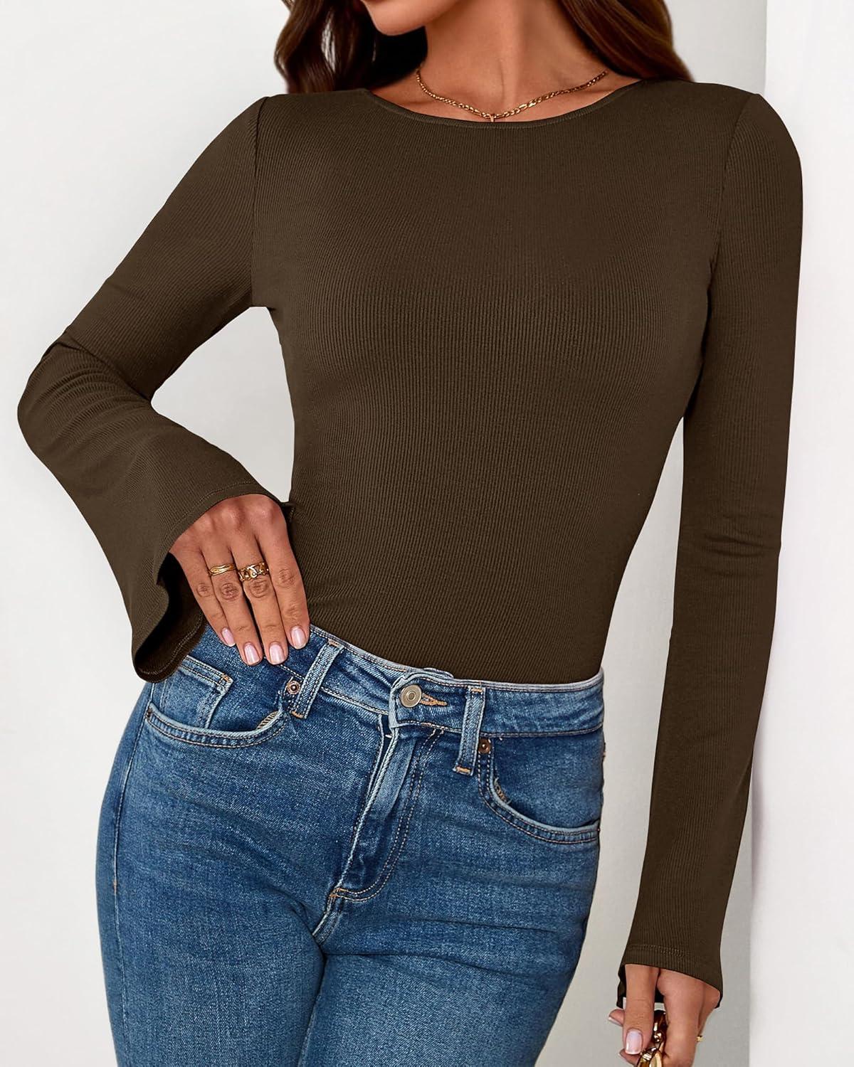 imageBTFBM Long Sleeve Shirts for Women 2025 Fall Y2K Clothes Casual Solid Color Boat Neck Bell Sleeve Fitted Going Out TopsBrown