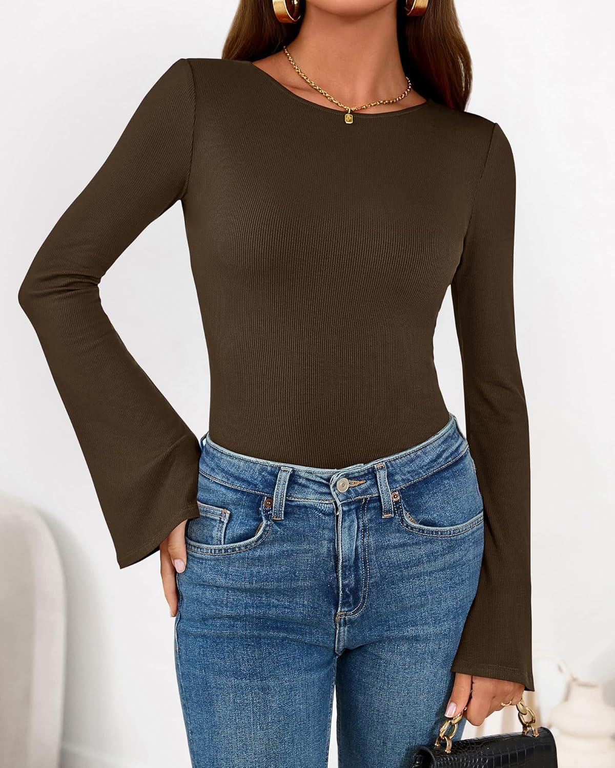 imageBTFBM Long Sleeve Shirts for Women 2025 Fall Y2K Clothes Casual Solid Color Boat Neck Bell Sleeve Fitted Going Out TopsBrown