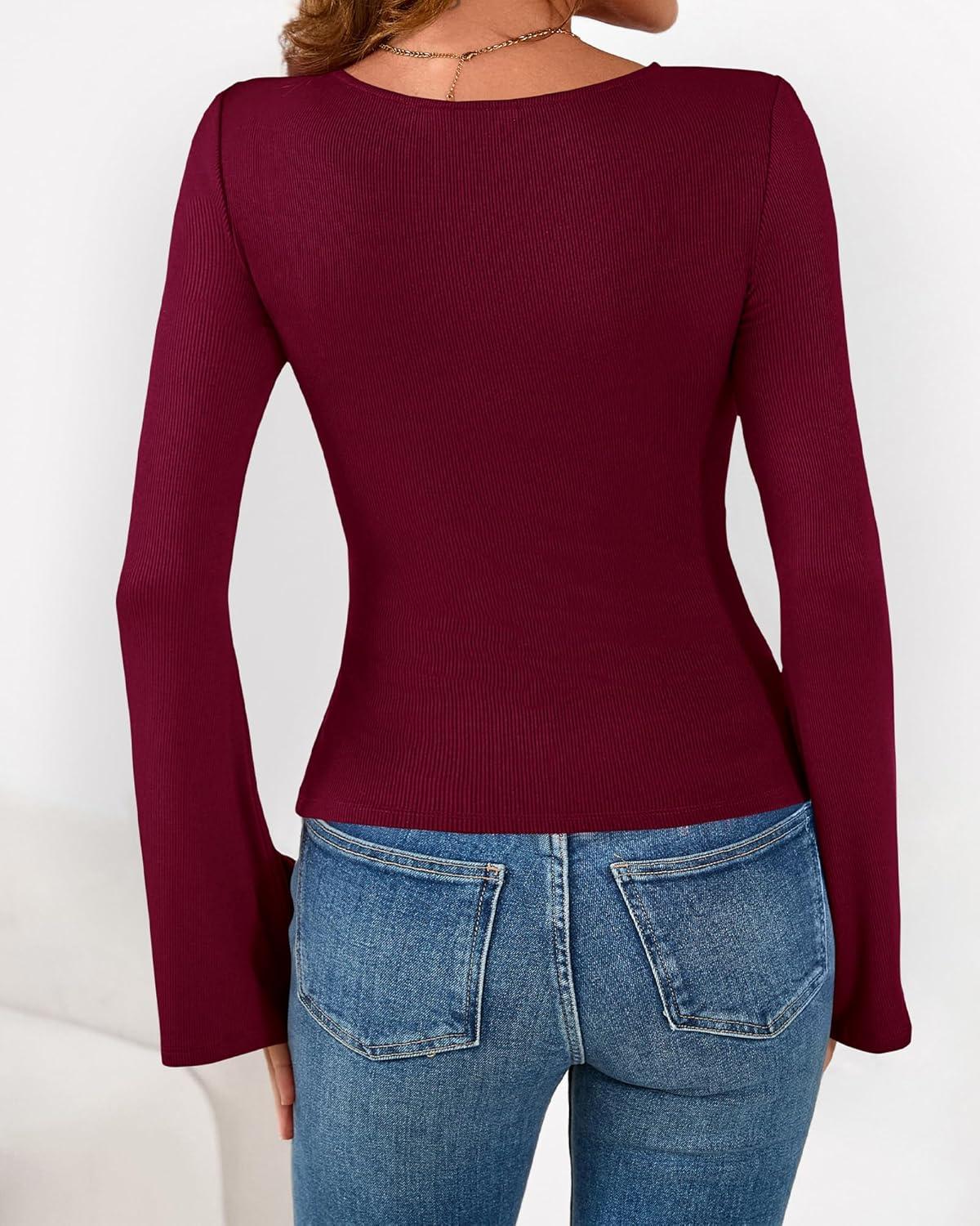 imageBTFBM Long Sleeve Shirts for Women 2025 Fall Y2K Clothes Casual Solid Color Boat Neck Bell Sleeve Fitted Going Out TopsBurgundy
