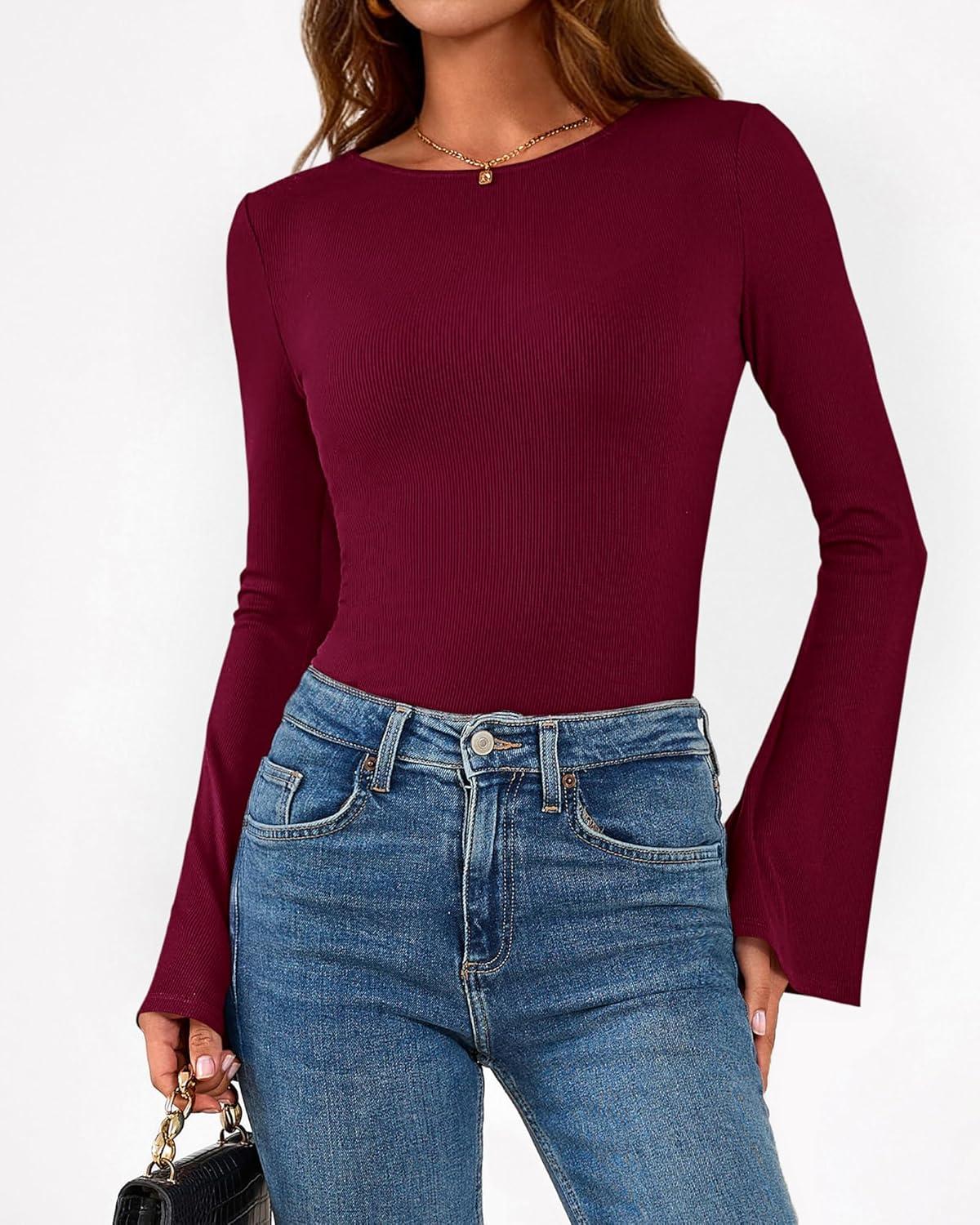 imageBTFBM Long Sleeve Shirts for Women 2025 Fall Y2K Clothes Casual Solid Color Boat Neck Bell Sleeve Fitted Going Out TopsBurgundy