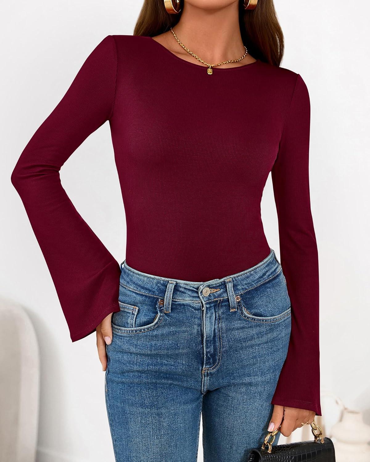 imageBTFBM Long Sleeve Shirts for Women 2025 Fall Y2K Clothes Casual Solid Color Boat Neck Bell Sleeve Fitted Going Out TopsBurgundy