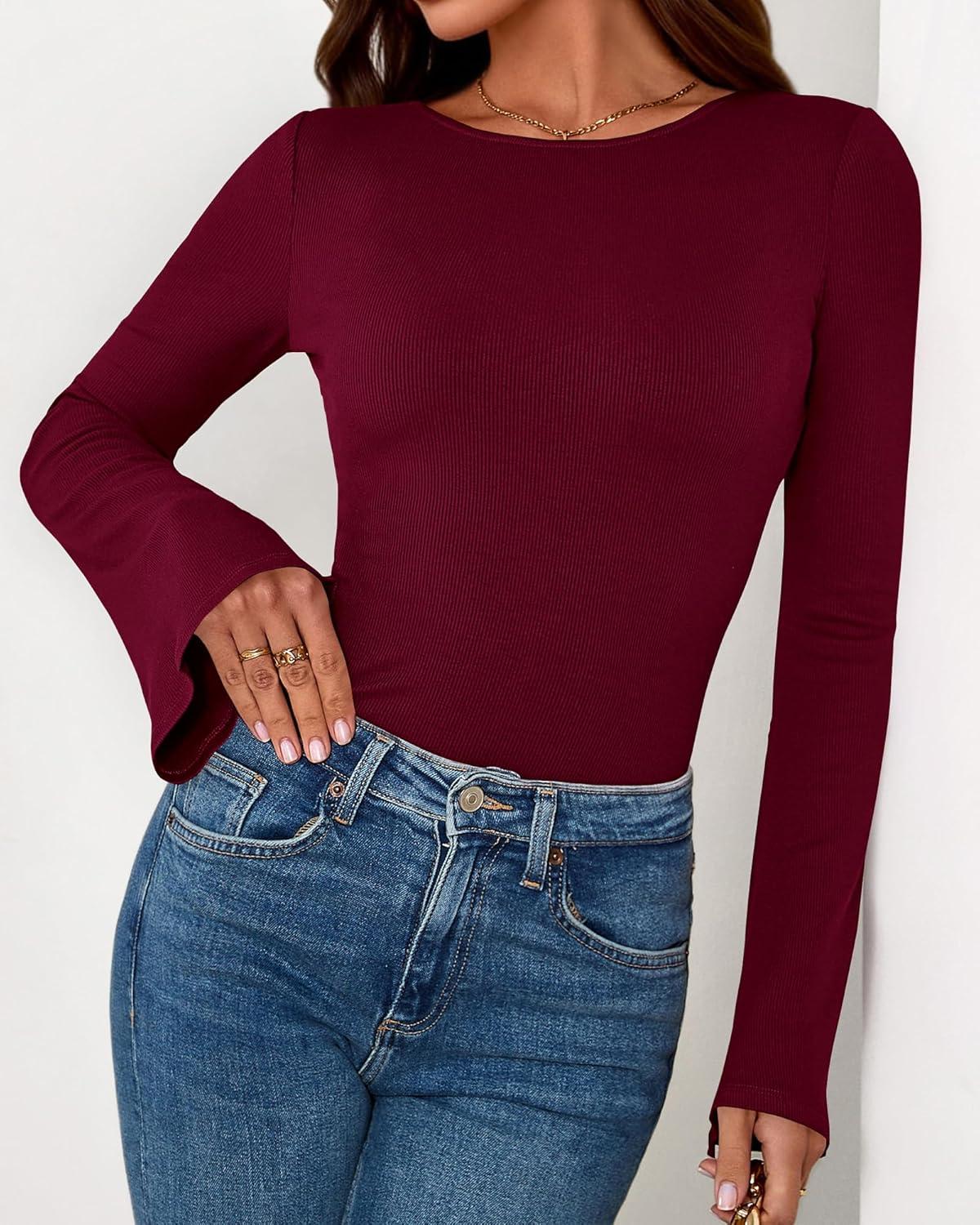 imageBTFBM Long Sleeve Shirts for Women 2025 Fall Y2K Clothes Casual Solid Color Boat Neck Bell Sleeve Fitted Going Out TopsBurgundy