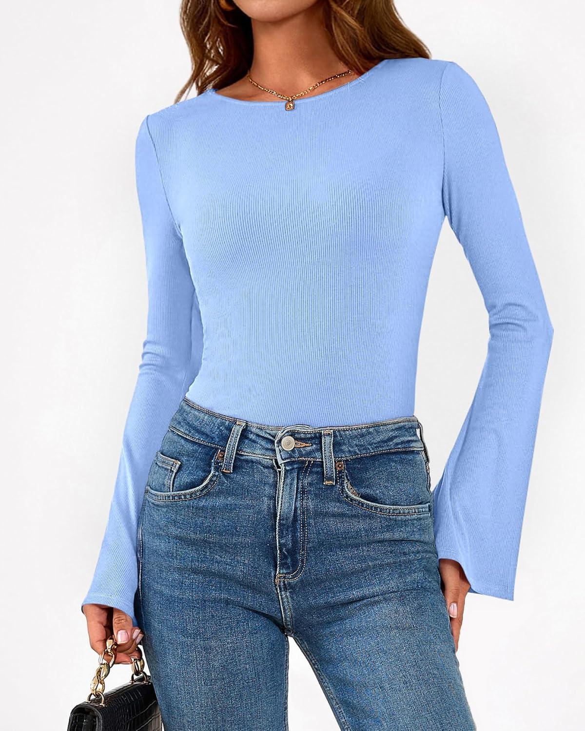 imageBTFBM Long Sleeve Shirts for Women 2025 Fall Y2K Clothes Casual Solid Color Boat Neck Bell Sleeve Fitted Going Out TopsLight Blue