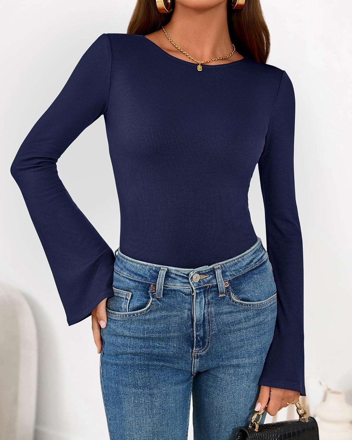 imageBTFBM Long Sleeve Shirts for Women 2025 Fall Y2K Clothes Casual Solid Color Boat Neck Bell Sleeve Fitted Going Out TopsNavy Blue