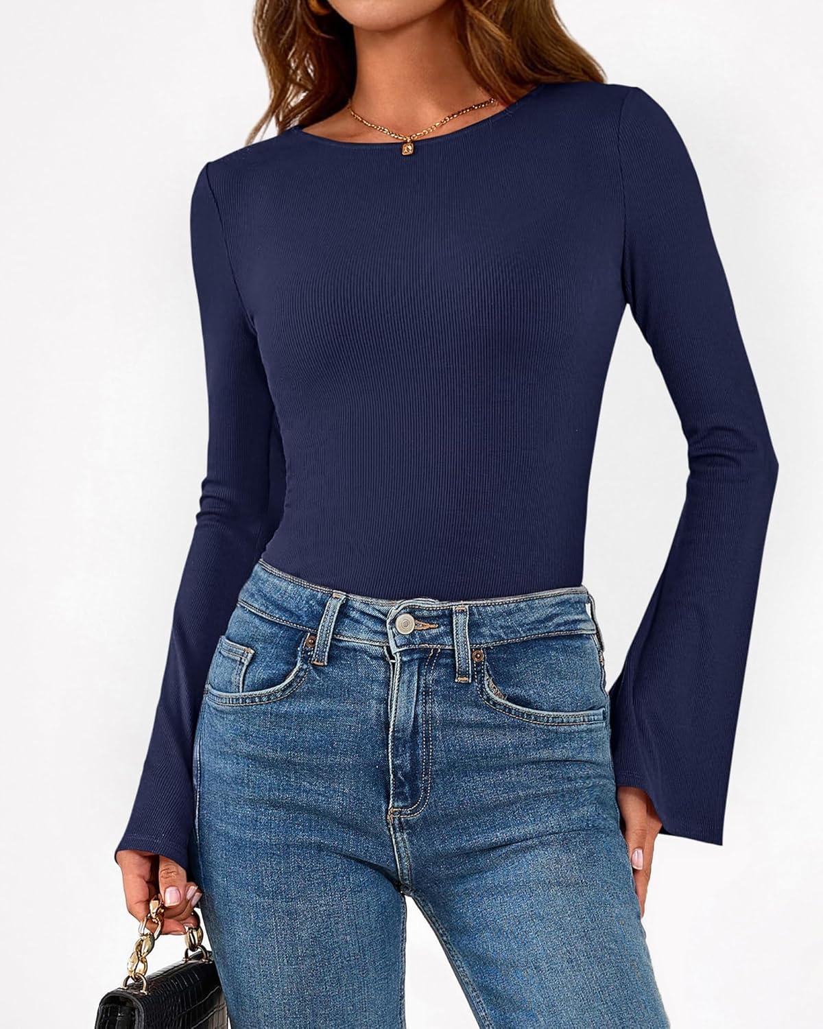 imageBTFBM Long Sleeve Shirts for Women 2025 Fall Y2K Clothes Casual Solid Color Boat Neck Bell Sleeve Fitted Going Out TopsNavy Blue