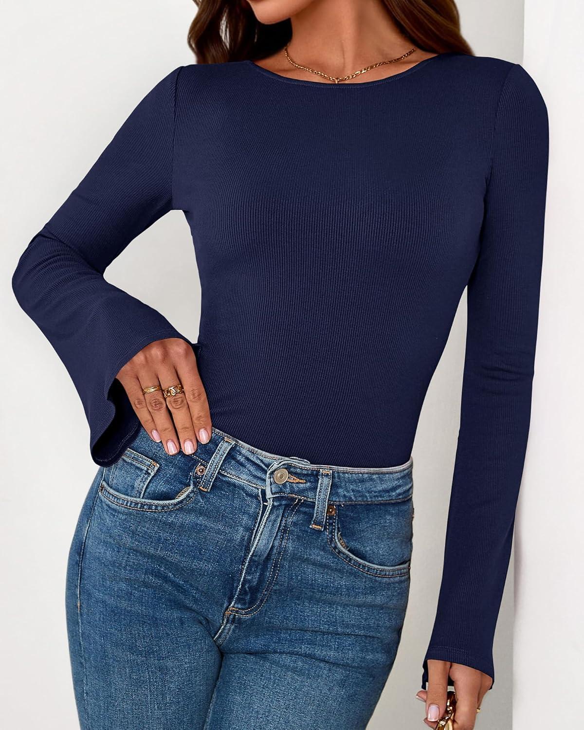 imageBTFBM Long Sleeve Shirts for Women 2025 Fall Y2K Clothes Casual Solid Color Boat Neck Bell Sleeve Fitted Going Out TopsNavy Blue