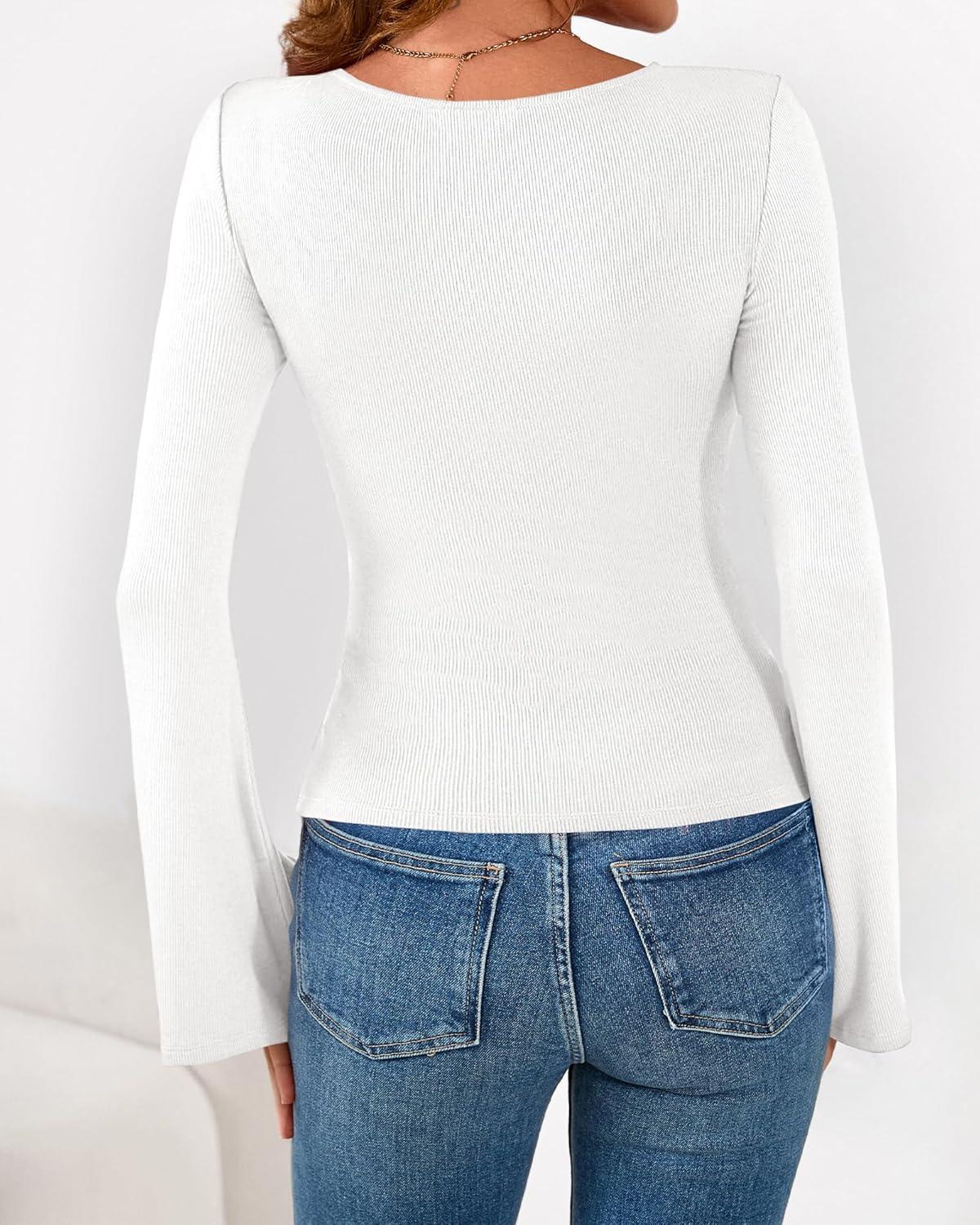 imageBTFBM Long Sleeve Shirts for Women 2025 Fall Y2K Clothes Casual Solid Color Boat Neck Bell Sleeve Fitted Going Out TopsWhite