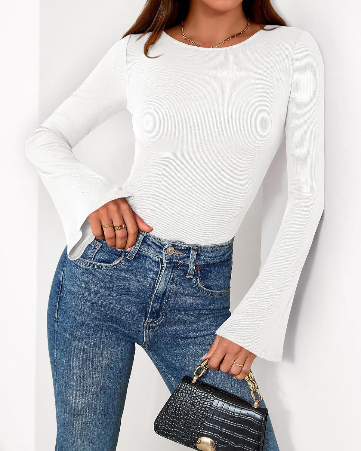 imageBTFBM Long Sleeve Shirts for Women 2025 Fall Y2K Clothes Casual Solid Color Boat Neck Bell Sleeve Fitted Going Out TopsWhite