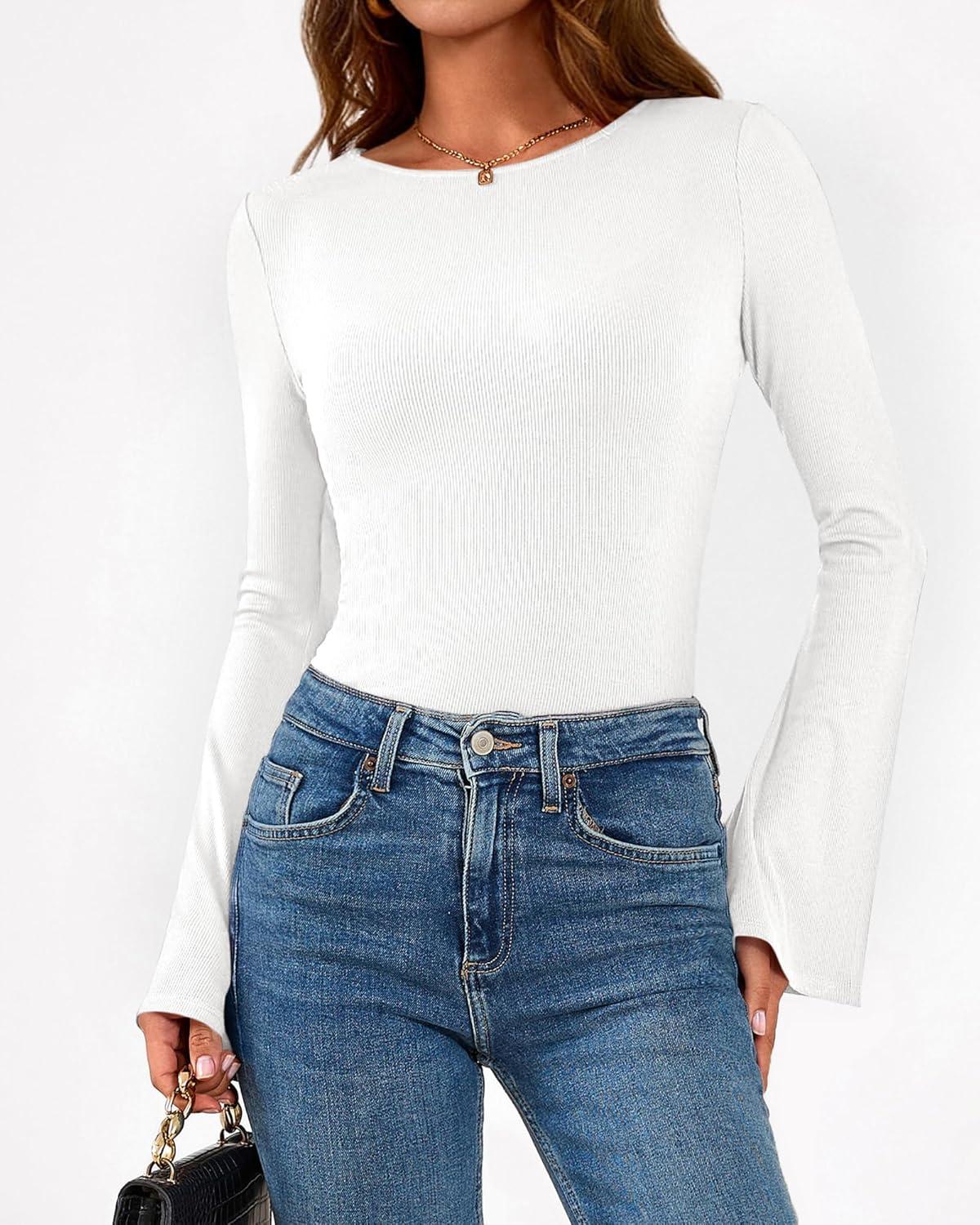 imageBTFBM Long Sleeve Shirts for Women 2025 Fall Y2K Clothes Casual Solid Color Boat Neck Bell Sleeve Fitted Going Out TopsWhite