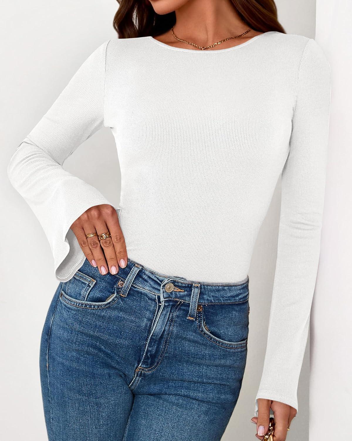 imageBTFBM Long Sleeve Shirts for Women 2025 Fall Y2K Clothes Casual Solid Color Boat Neck Bell Sleeve Fitted Going Out TopsWhite