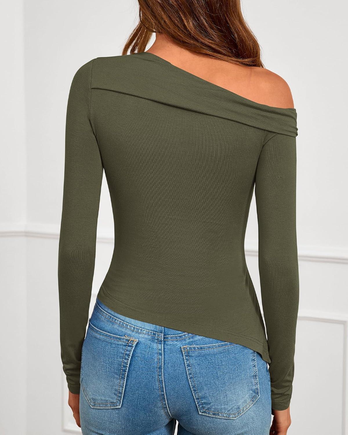 imageBTFBM Off The Shoulder Tops for Women Fall Fashion 2025 Asymmetrical Long Sleeve Shirts Fitted Going Out Top Y2K ClothesArmy Green