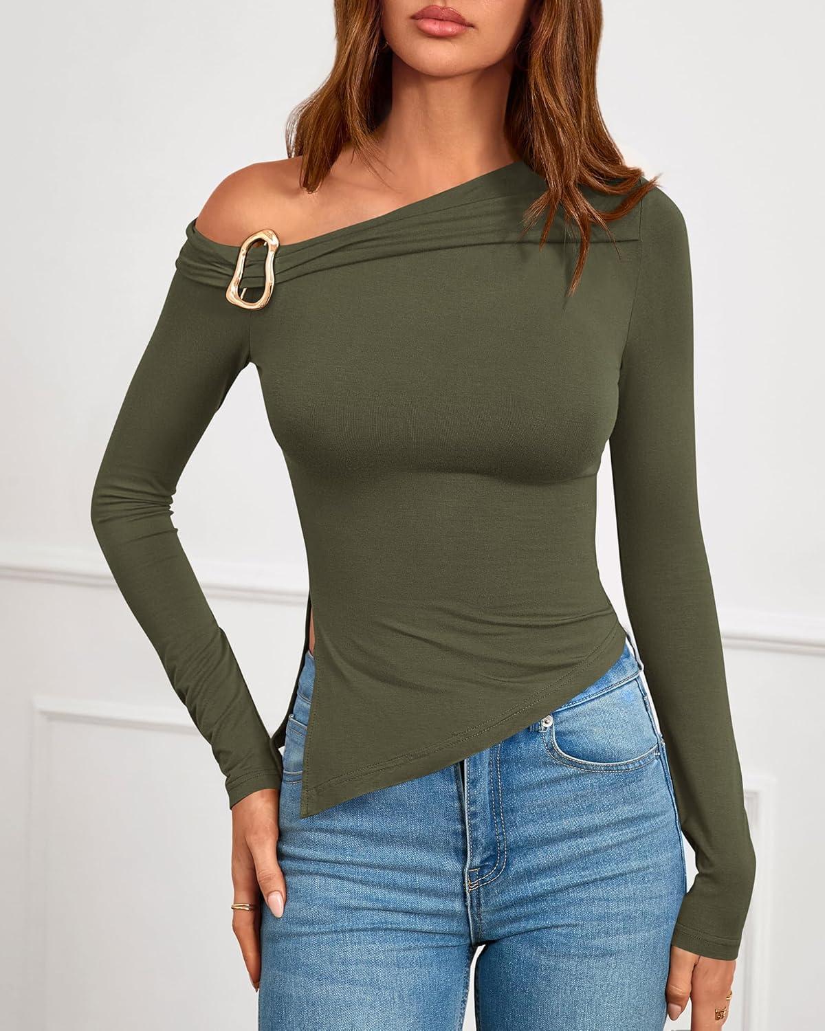 imageBTFBM Off The Shoulder Tops for Women Fall Fashion 2025 Asymmetrical Long Sleeve Shirts Fitted Going Out Top Y2K ClothesArmy Green