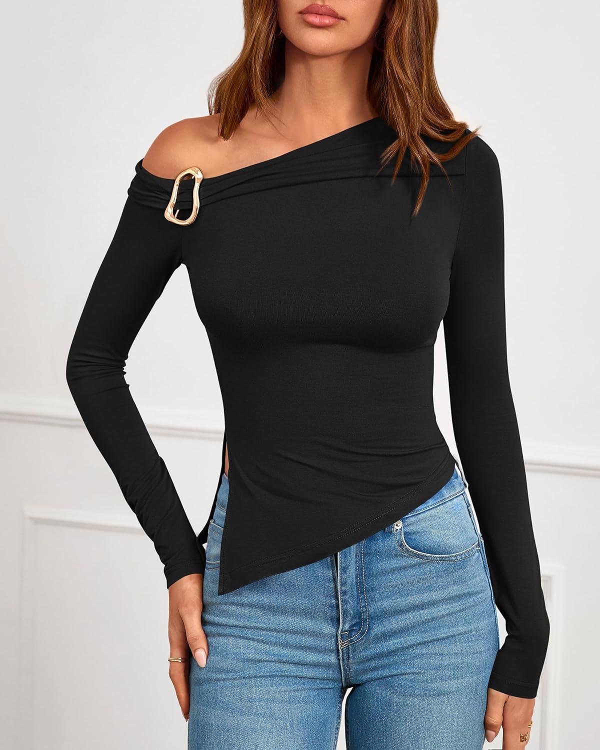 imageBTFBM Off The Shoulder Tops for Women Fall Fashion 2025 Asymmetrical Long Sleeve Shirts Fitted Going Out Top Y2K ClothesBlack