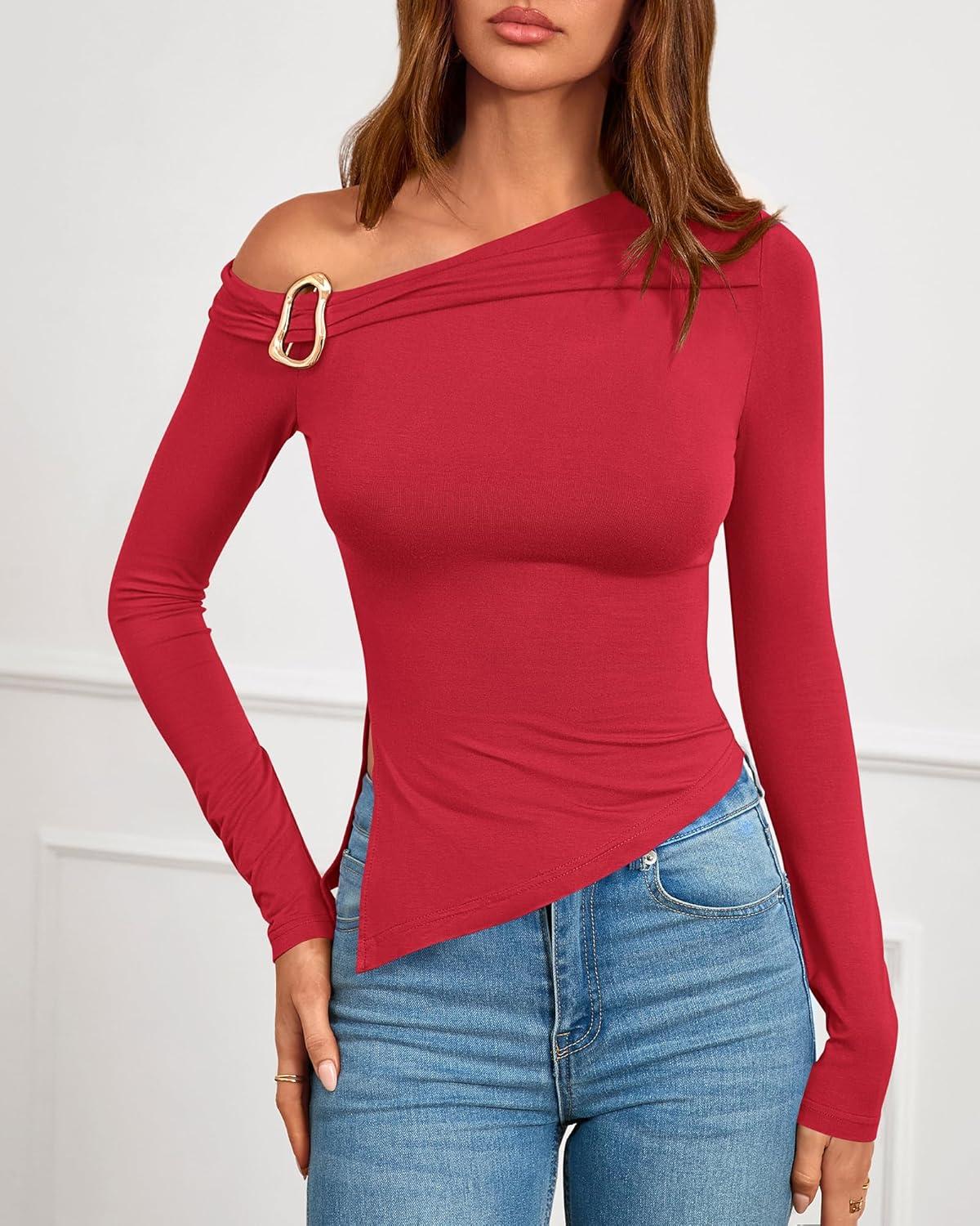 imageBTFBM Off The Shoulder Tops for Women Fall Fashion 2025 Asymmetrical Long Sleeve Shirts Fitted Going Out Top Y2K ClothesRed
