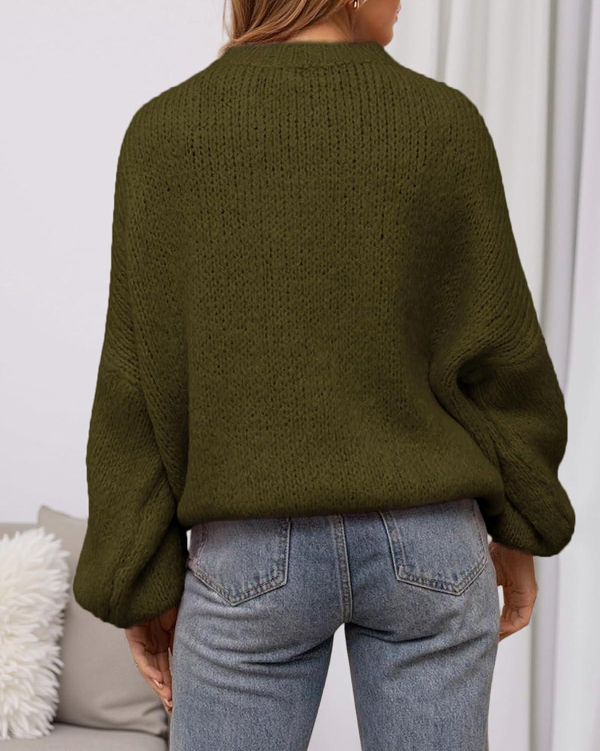 imageBTFBM Sweaters for Women Fall 2025 Crew Neck Lantern Long Sleeve Oversized Sweater Casual Knit Winter Pullover TopsArmy Green