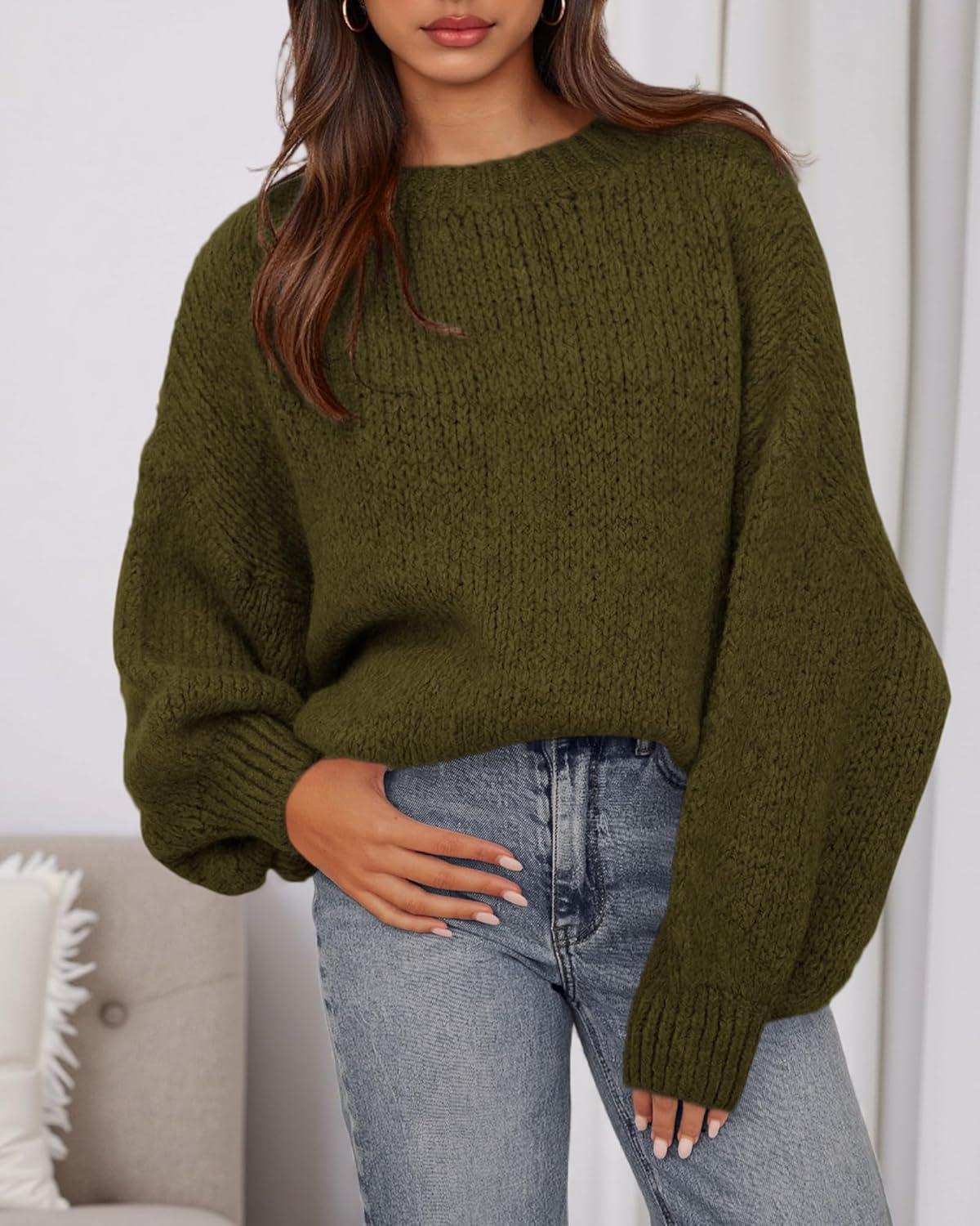 imageBTFBM Sweaters for Women Fall 2025 Crew Neck Lantern Long Sleeve Oversized Sweater Casual Knit Winter Pullover TopsArmy Green