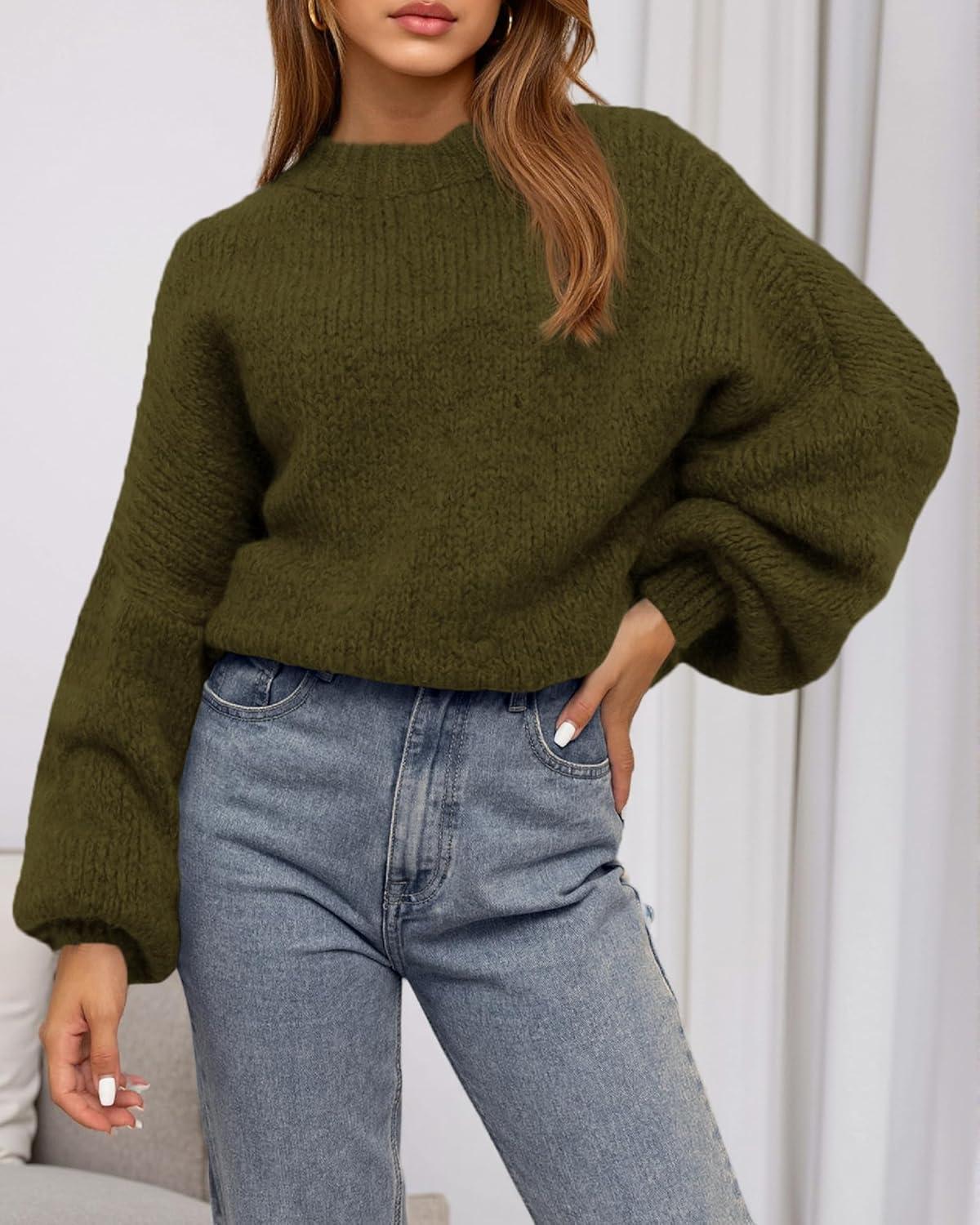 imageBTFBM Sweaters for Women Fall 2025 Crew Neck Lantern Long Sleeve Oversized Sweater Casual Knit Winter Pullover TopsArmy Green