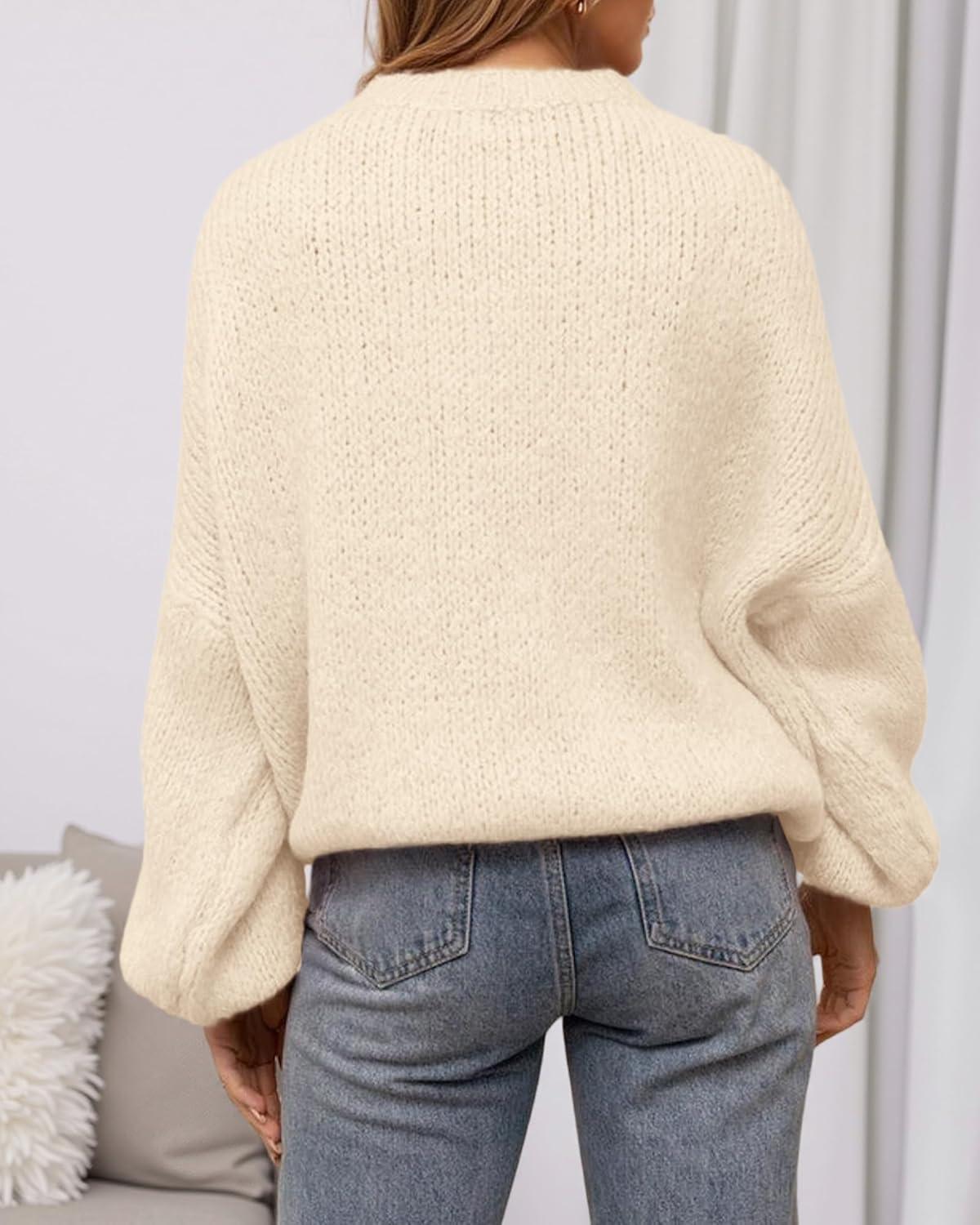 imageBTFBM Sweaters for Women Fall 2025 Crew Neck Lantern Long Sleeve Oversized Sweater Casual Knit Winter Pullover TopsBeige