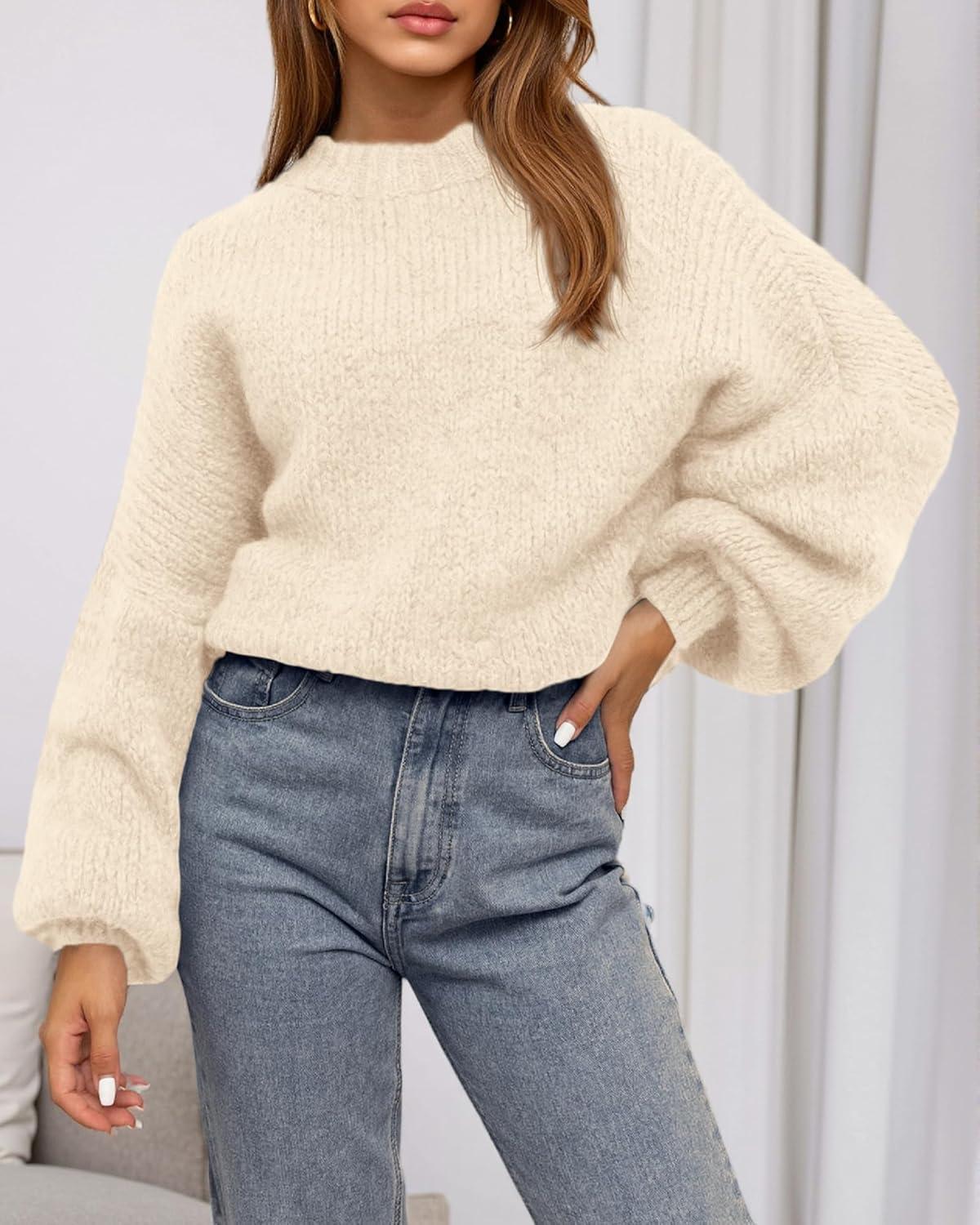 imageBTFBM Sweaters for Women Fall 2025 Crew Neck Lantern Long Sleeve Oversized Sweater Casual Knit Winter Pullover TopsBeige