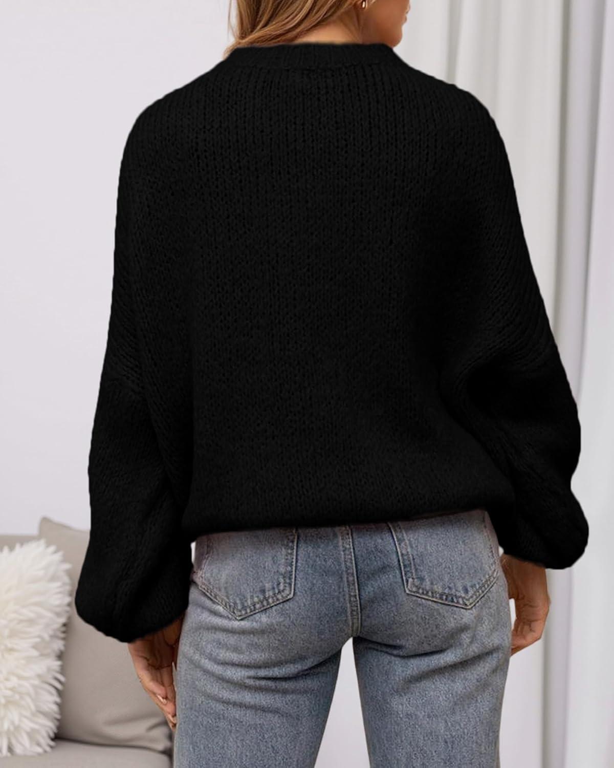 imageBTFBM Sweaters for Women Fall 2025 Crew Neck Lantern Long Sleeve Oversized Sweater Casual Knit Winter Pullover TopsBlack