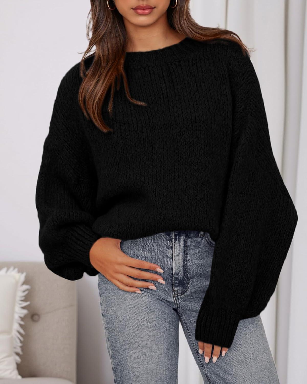 imageBTFBM Sweaters for Women Fall 2025 Crew Neck Lantern Long Sleeve Oversized Sweater Casual Knit Winter Pullover TopsBlack