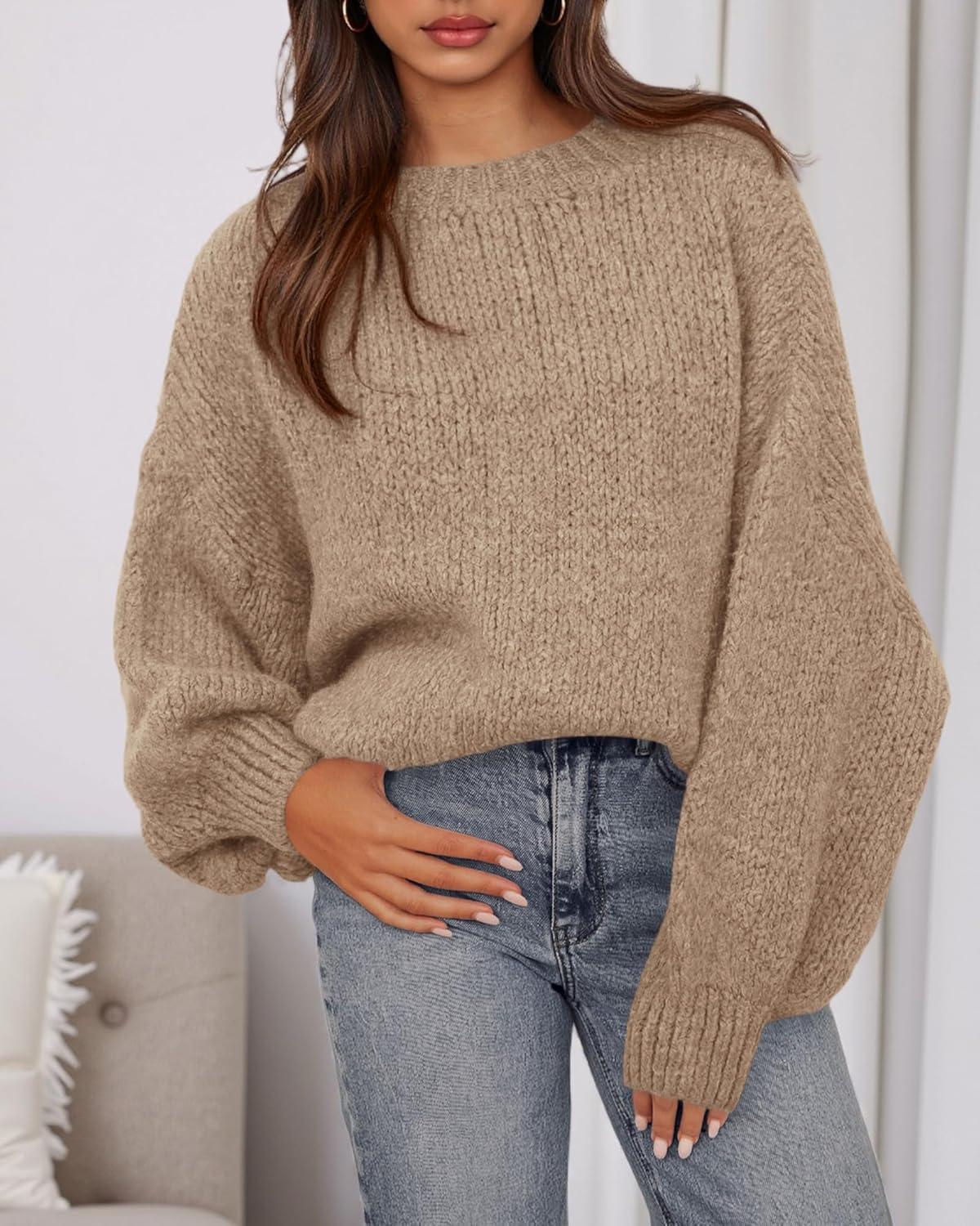 imageBTFBM Sweaters for Women Fall 2025 Crew Neck Lantern Long Sleeve Oversized Sweater Casual Knit Winter Pullover TopsKhaki