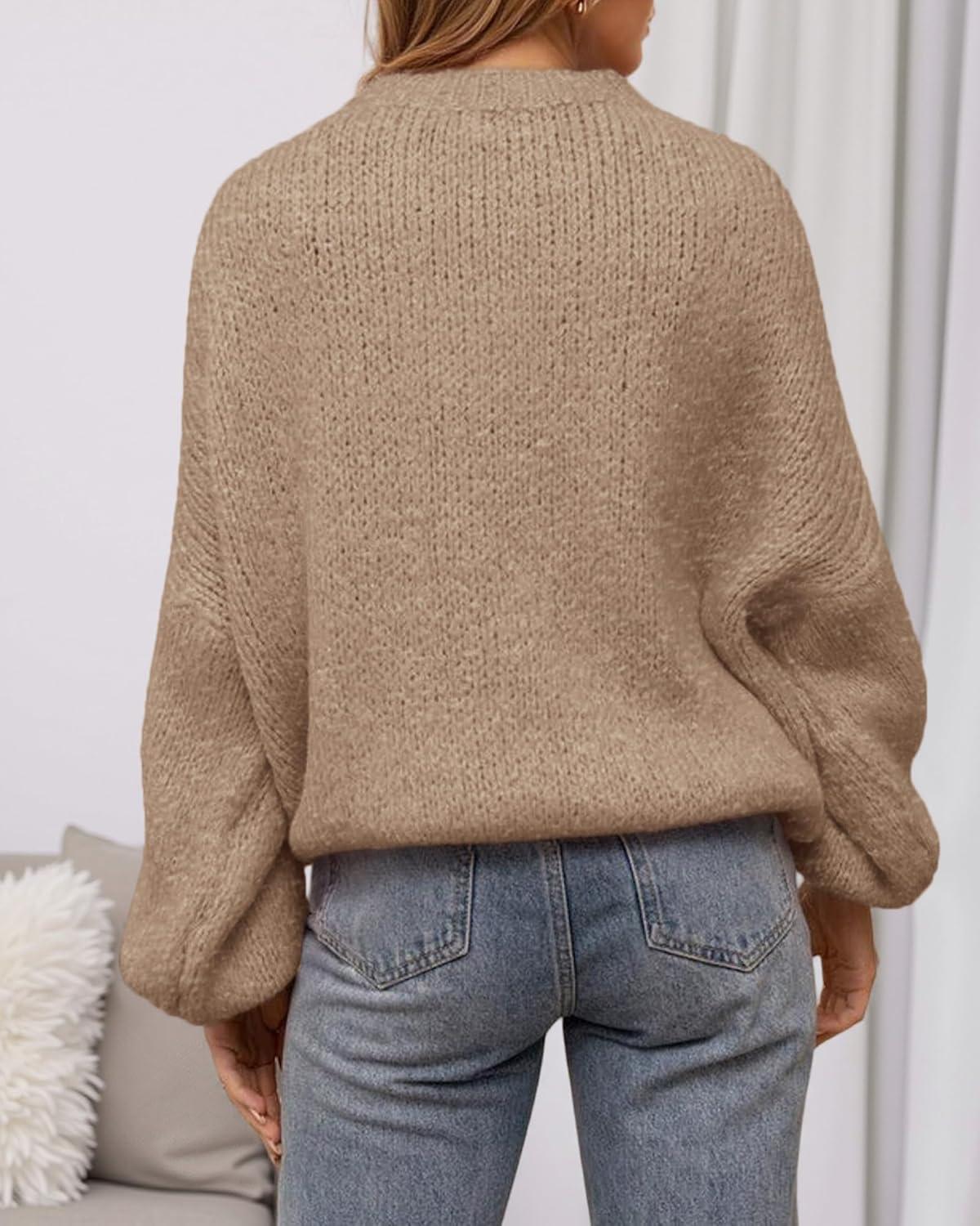 imageBTFBM Sweaters for Women Fall 2025 Crew Neck Lantern Long Sleeve Oversized Sweater Casual Knit Winter Pullover TopsKhaki