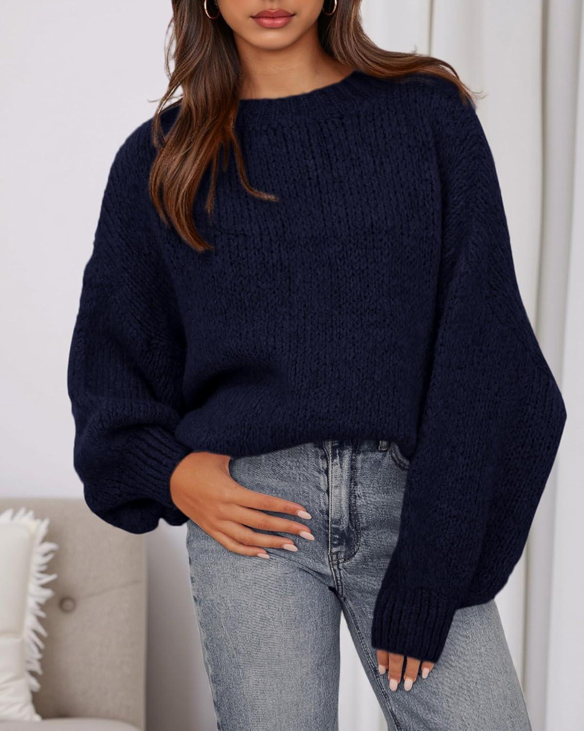 imageBTFBM Sweaters for Women Fall 2025 Crew Neck Lantern Long Sleeve Oversized Sweater Casual Knit Winter Pullover TopsNavy
