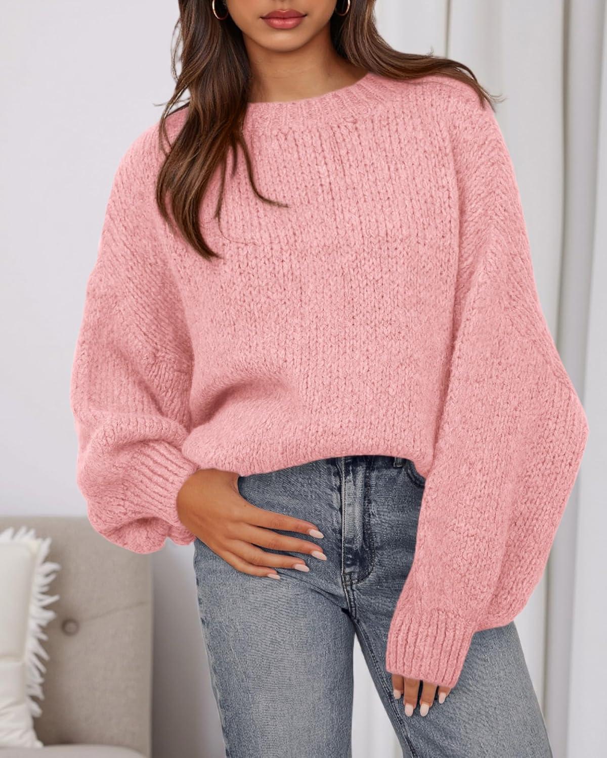 imageBTFBM Sweaters for Women Fall 2025 Crew Neck Lantern Long Sleeve Oversized Sweater Casual Knit Winter Pullover TopsPink