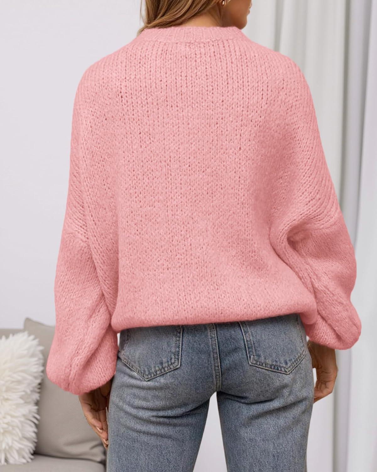 imageBTFBM Sweaters for Women Fall 2025 Crew Neck Lantern Long Sleeve Oversized Sweater Casual Knit Winter Pullover TopsPink