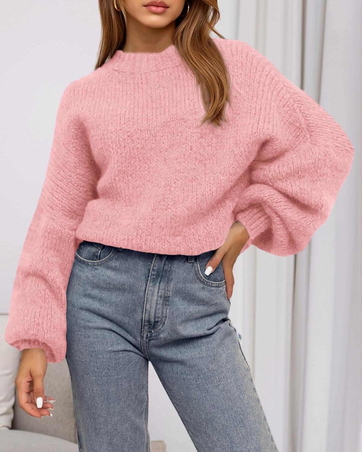 imageBTFBM Sweaters for Women Fall 2025 Crew Neck Lantern Long Sleeve Oversized Sweater Casual Knit Winter Pullover TopsPink