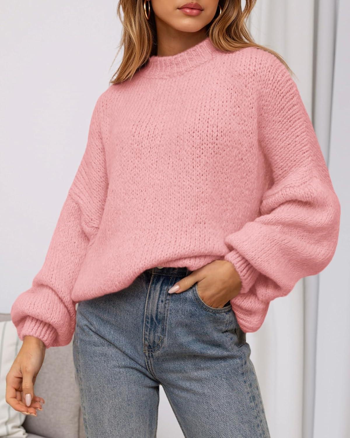 imageBTFBM Sweaters for Women Fall 2025 Crew Neck Lantern Long Sleeve Oversized Sweater Casual Knit Winter Pullover TopsPink