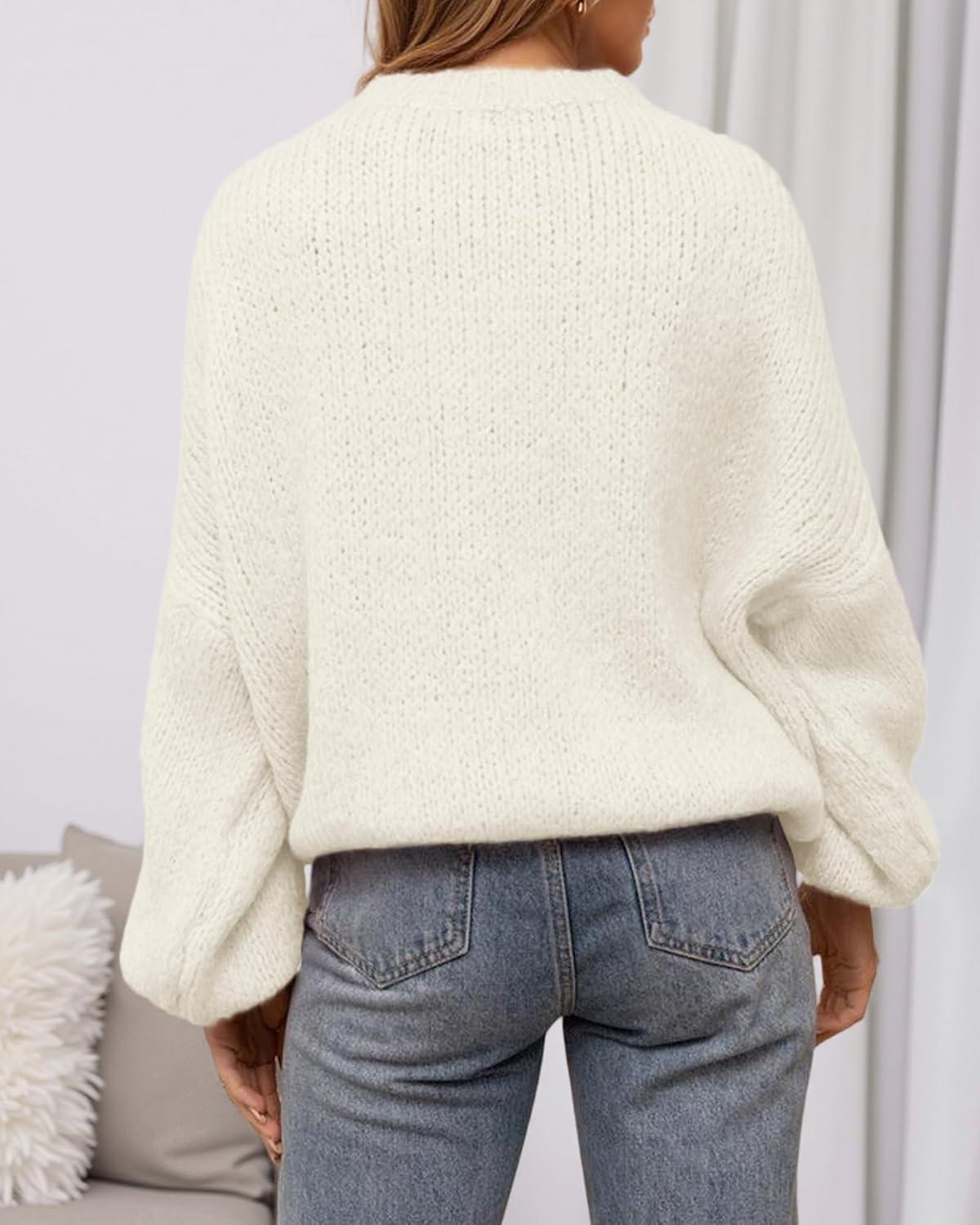 imageBTFBM Sweaters for Women Fall 2025 Crew Neck Lantern Long Sleeve Oversized Sweater Casual Knit Winter Pullover TopsWhite