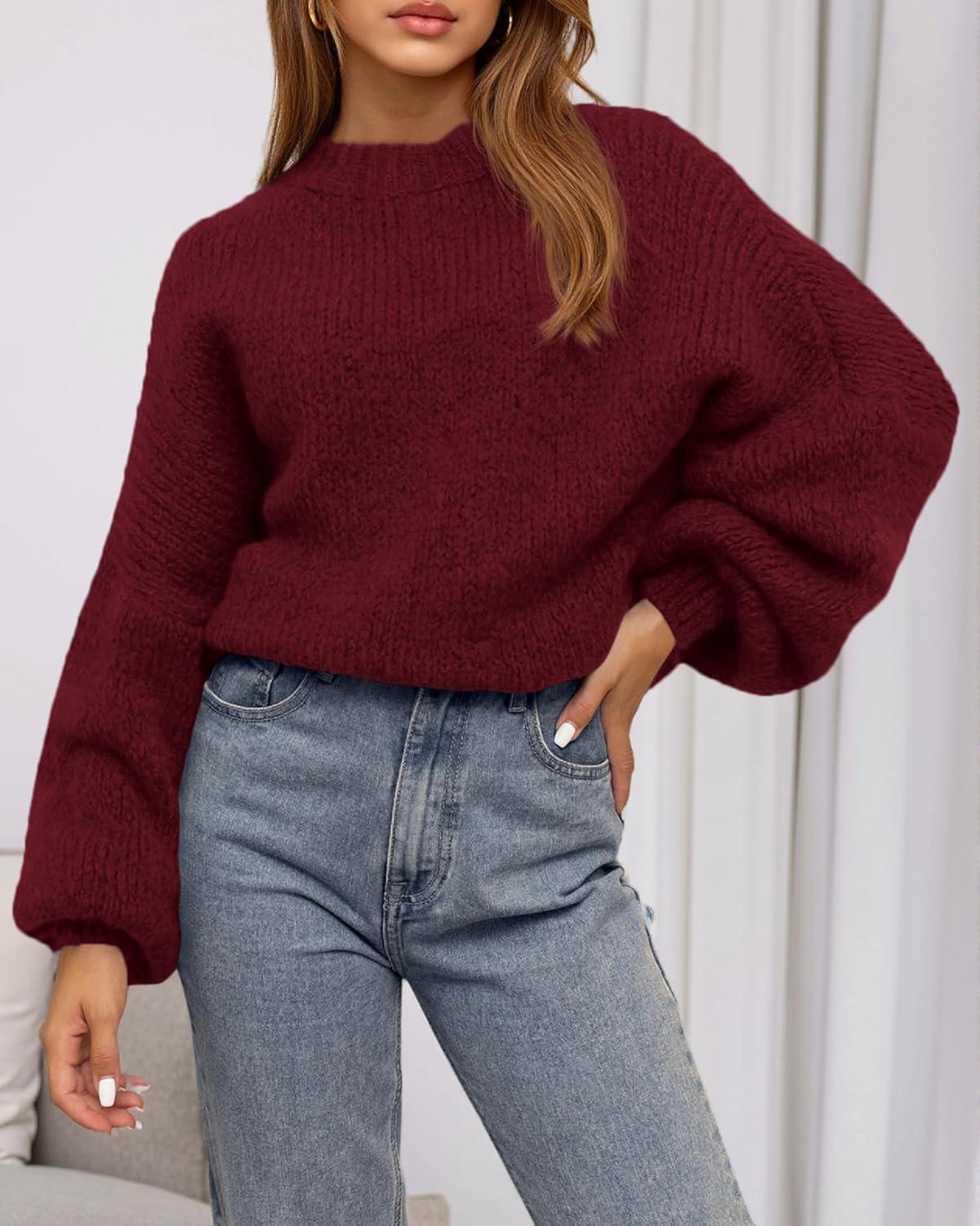 imageBTFBM Sweaters for Women Fall 2025 Crew Neck Lantern Long Sleeve Oversized Sweater Casual Knit Winter Pullover TopsWine Red