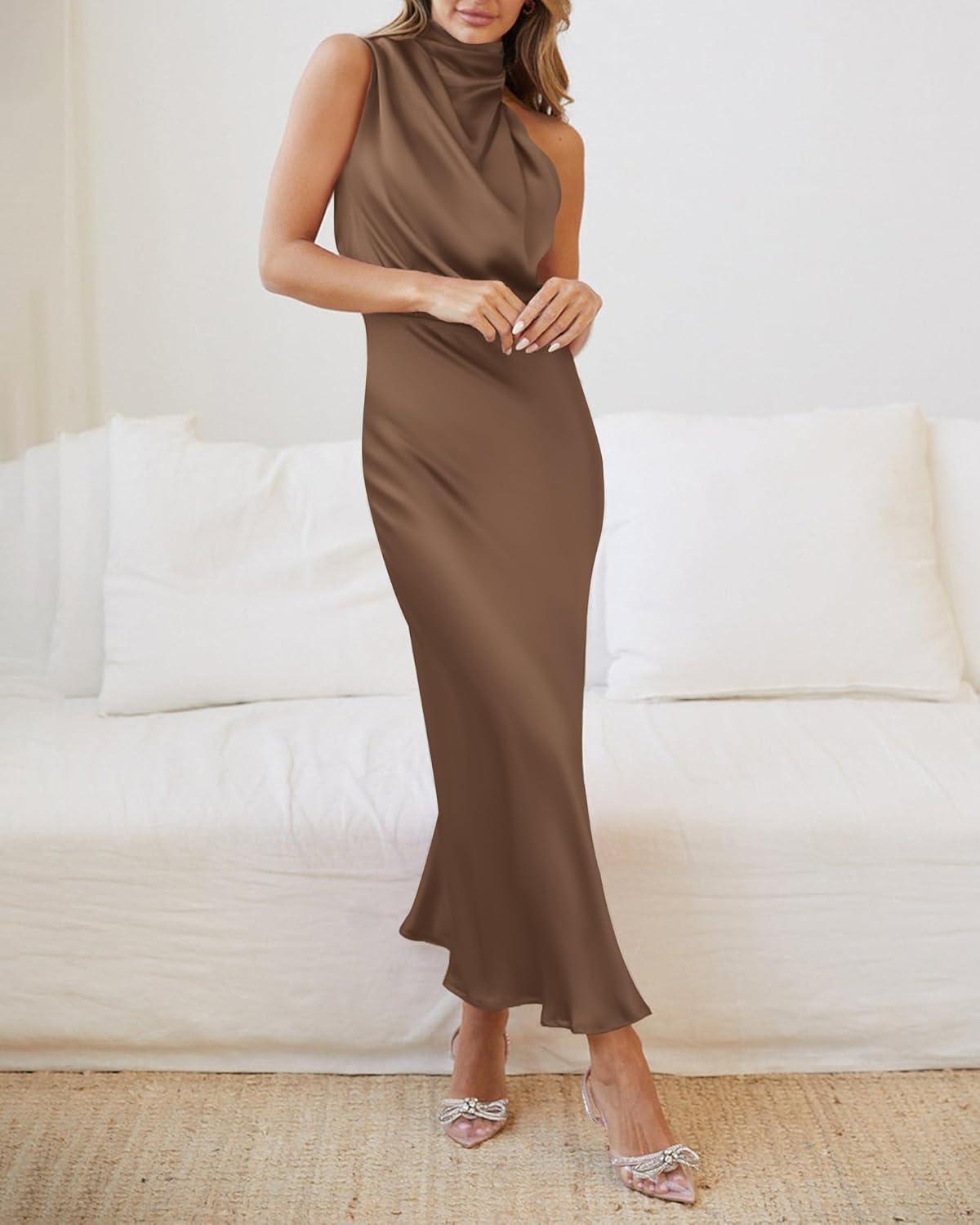 imageBTFBM Women Sleeveless Cocktail Dresses Fall Mock Neck Keyhole Elastic High Waist Evening Party Maxi Wedding Guest DressKhaki
