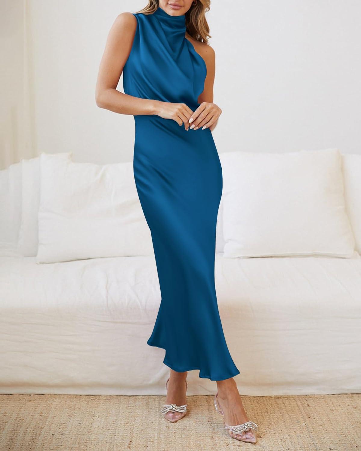 imageBTFBM Women Sleeveless Cocktail Dresses Fall Mock Neck Keyhole Elastic High Waist Evening Party Maxi Wedding Guest DressNavy