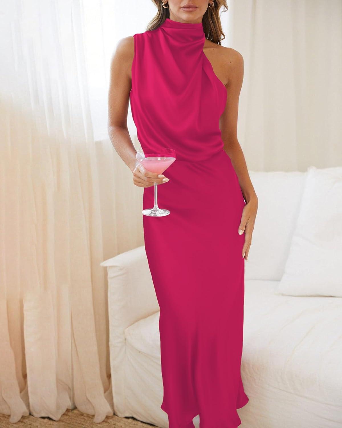 imageBTFBM Women Sleeveless Cocktail Dresses Fall Mock Neck Keyhole Elastic High Waist Evening Party Maxi Wedding Guest DressRose Red