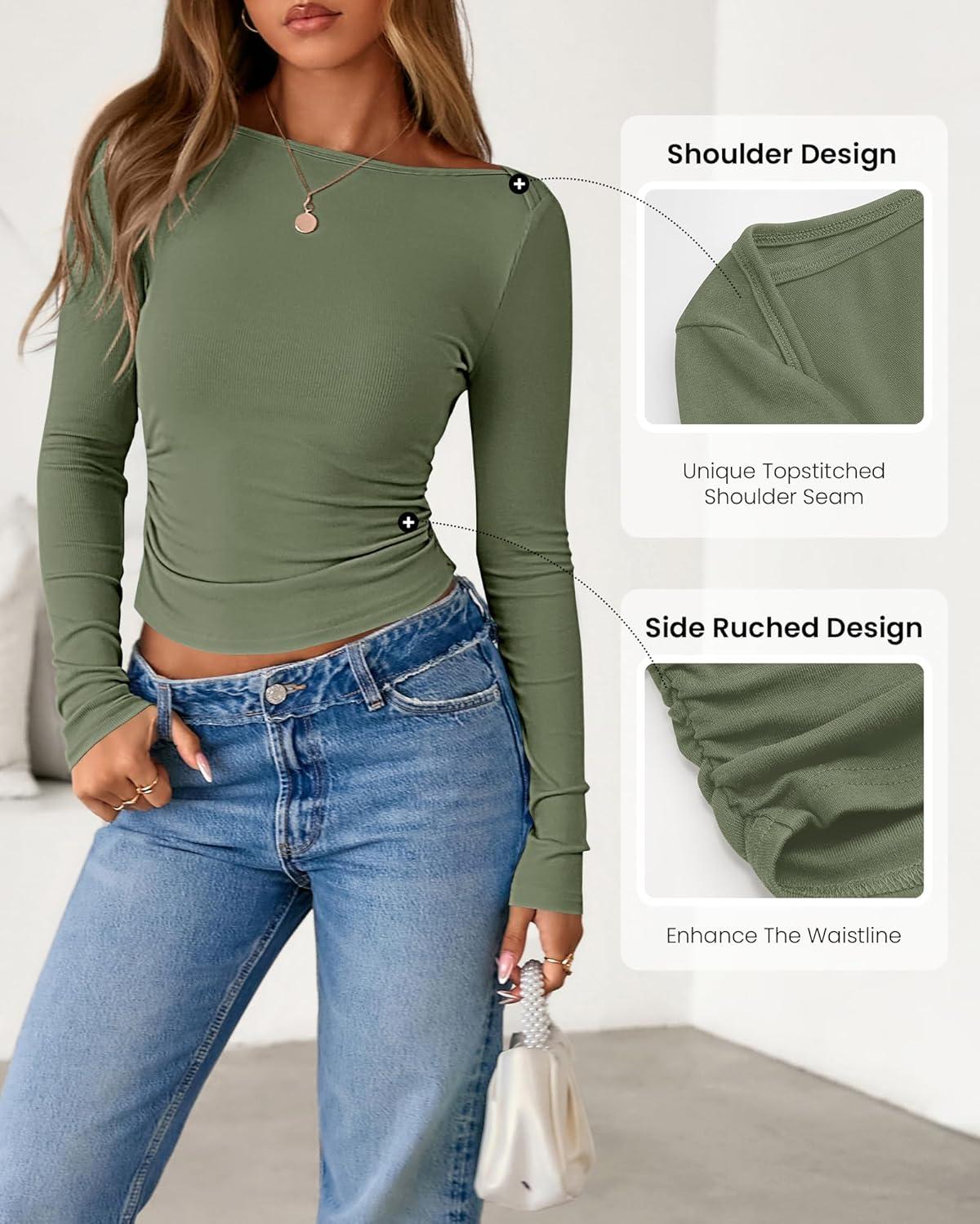 imageBTFBM Womens Long Sleeve T Shirts Fall Clothes 2025 Ribbed Slim Fit Y2K Boat Neck Casual Going Out Tops Workout OutfitsArmy Green