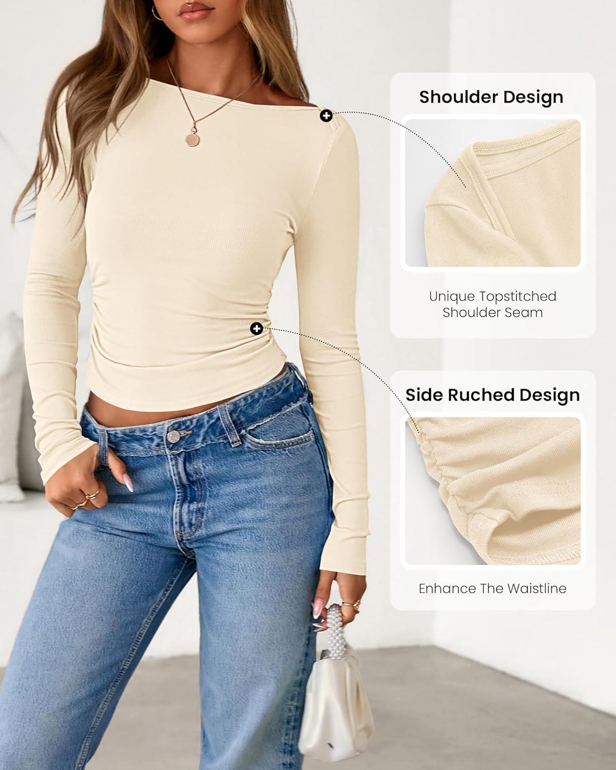 imageBTFBM Womens Long Sleeve T Shirts Fall Clothes 2025 Ribbed Slim Fit Y2K Boat Neck Casual Going Out Tops Workout OutfitsBeige