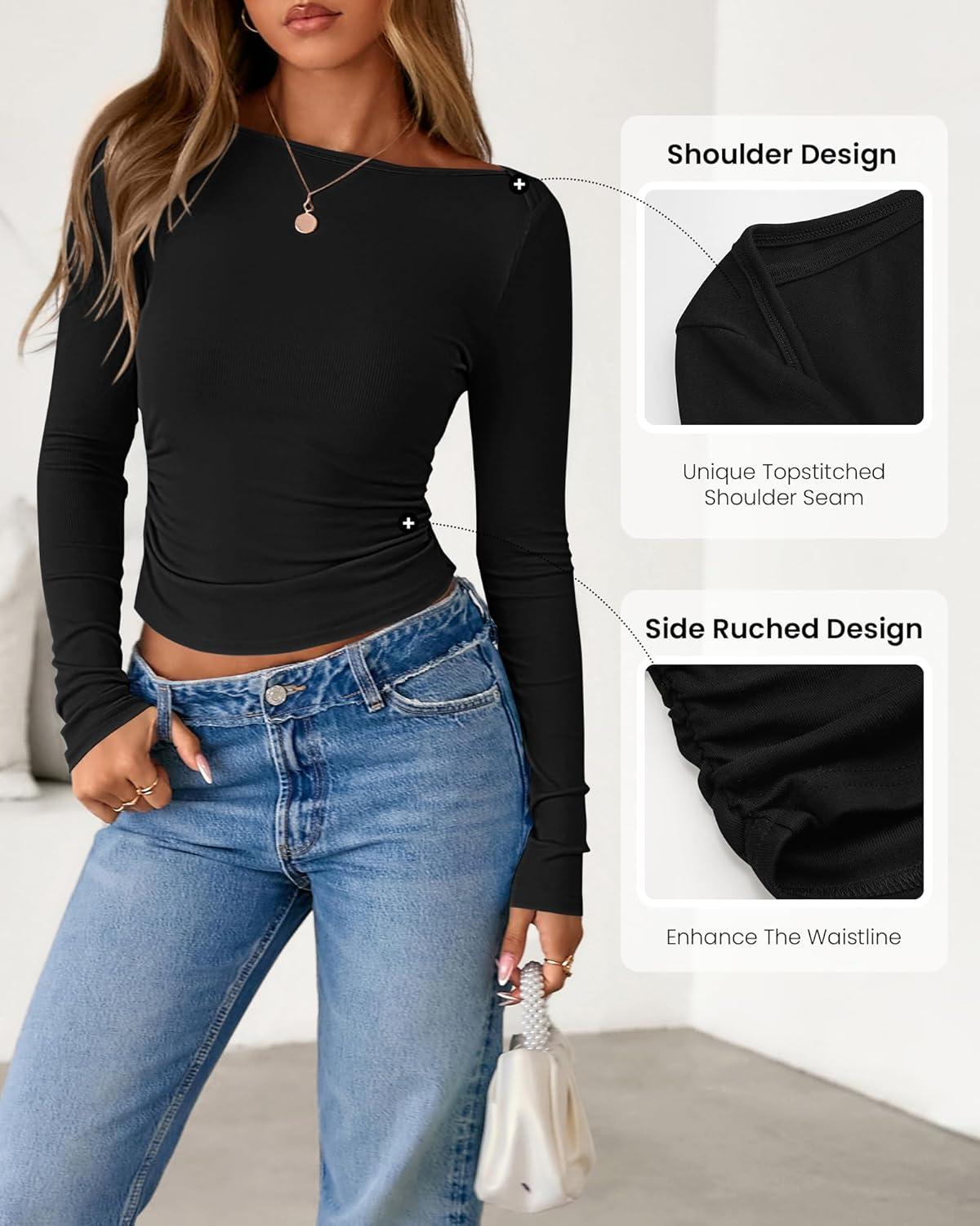 imageBTFBM Womens Long Sleeve T Shirts Fall Clothes 2025 Ribbed Slim Fit Y2K Boat Neck Casual Going Out Tops Workout OutfitsBlack