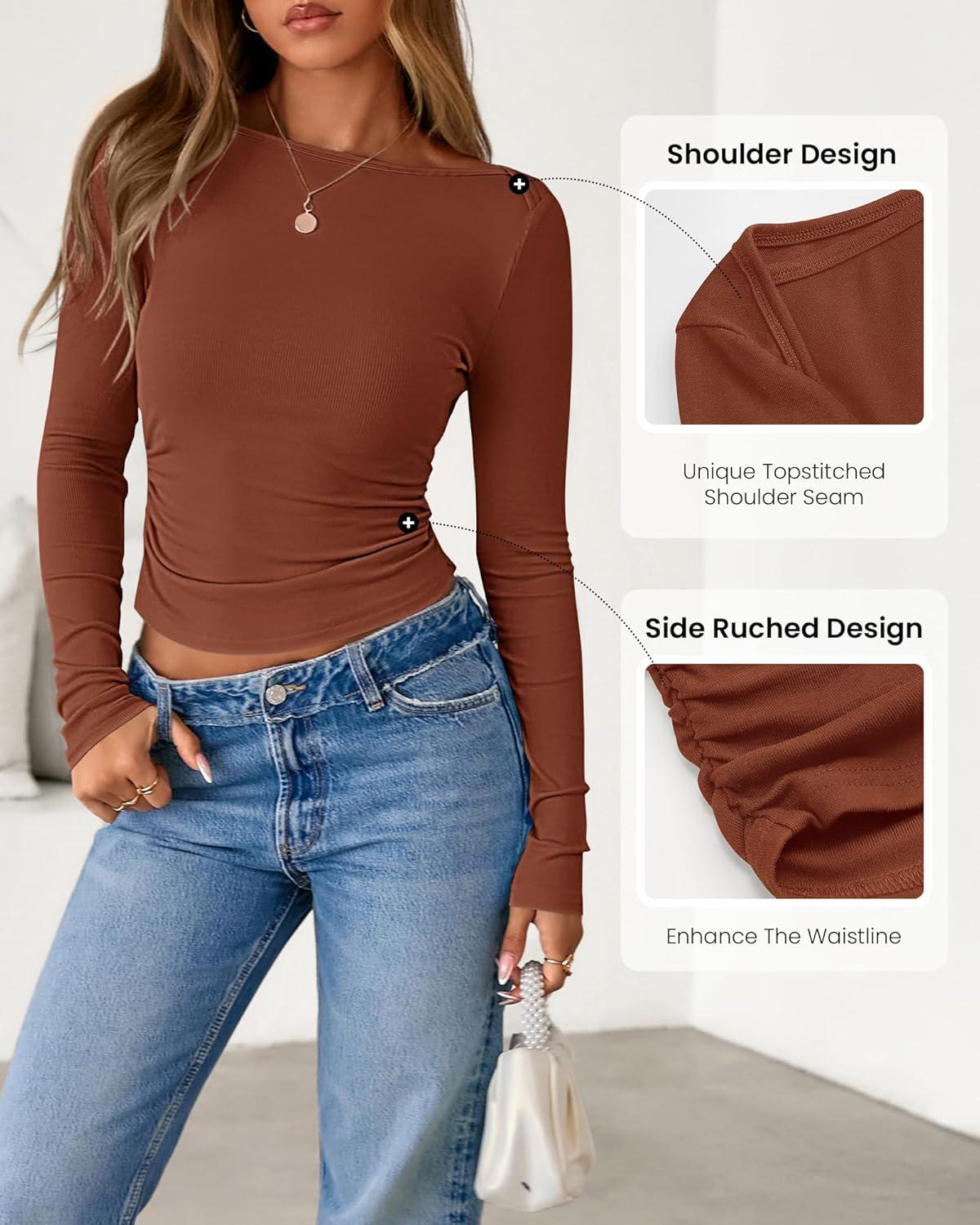 imageBTFBM Womens Long Sleeve T Shirts Fall Clothes 2025 Ribbed Slim Fit Y2K Boat Neck Casual Going Out Tops Workout OutfitsBrown