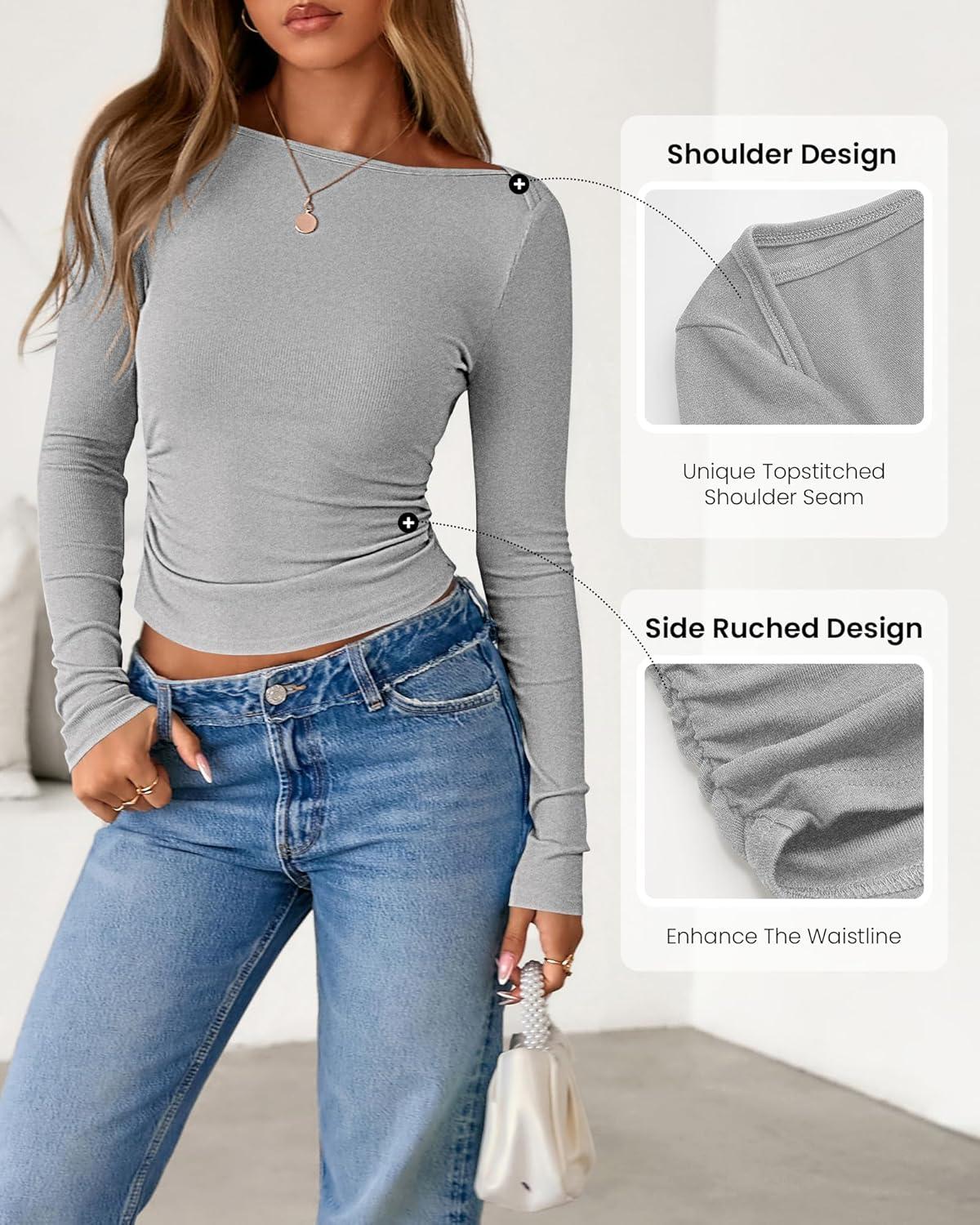 imageBTFBM Womens Long Sleeve T Shirts Fall Clothes 2025 Ribbed Slim Fit Y2K Boat Neck Casual Going Out Tops Workout OutfitsGrey