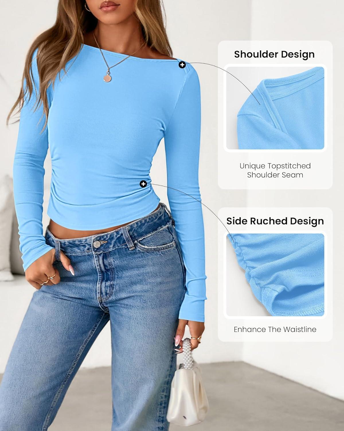 imageBTFBM Womens Long Sleeve T Shirts Fall Clothes 2025 Ribbed Slim Fit Y2K Boat Neck Casual Going Out Tops Workout OutfitsLight Blue