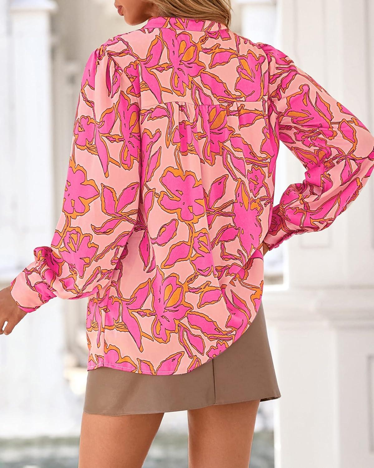 imageBTFBM Womens Tops Dressy Casual Fall 2025 Boho Floral V Neck Long Sleeve Half Button Down Shirt Work Business BlousesBig Floral Red
