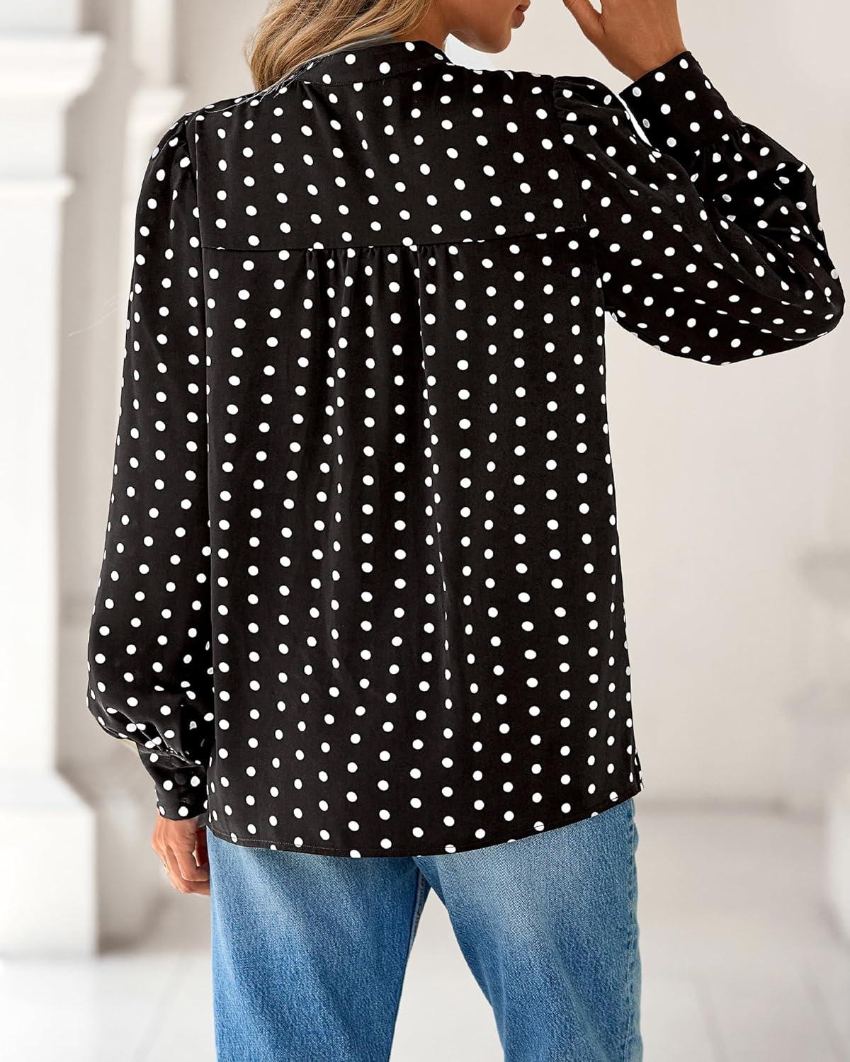 imageBTFBM Womens Tops Dressy Casual Fall 2025 Boho Floral V Neck Long Sleeve Half Button Down Shirt Work Business BlousesDot Black White