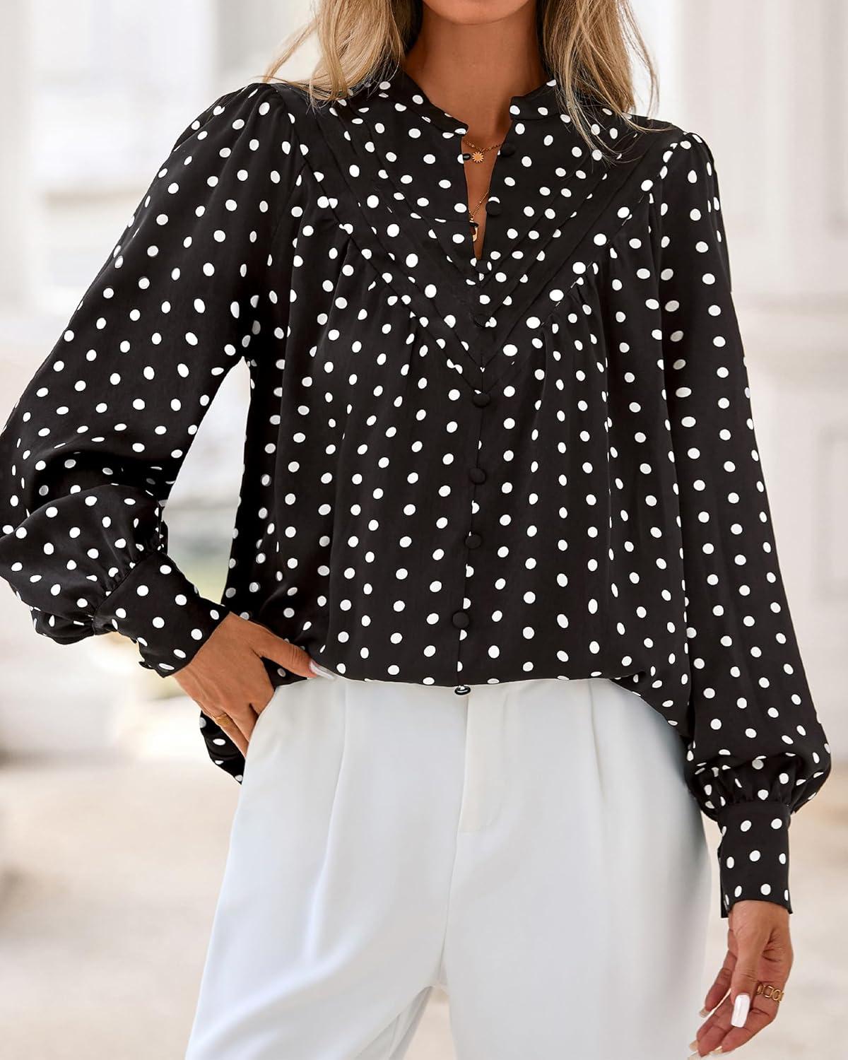 imageBTFBM Womens Tops Dressy Casual Fall 2025 Boho Floral V Neck Long Sleeve Half Button Down Shirt Work Business BlousesDot Black White
