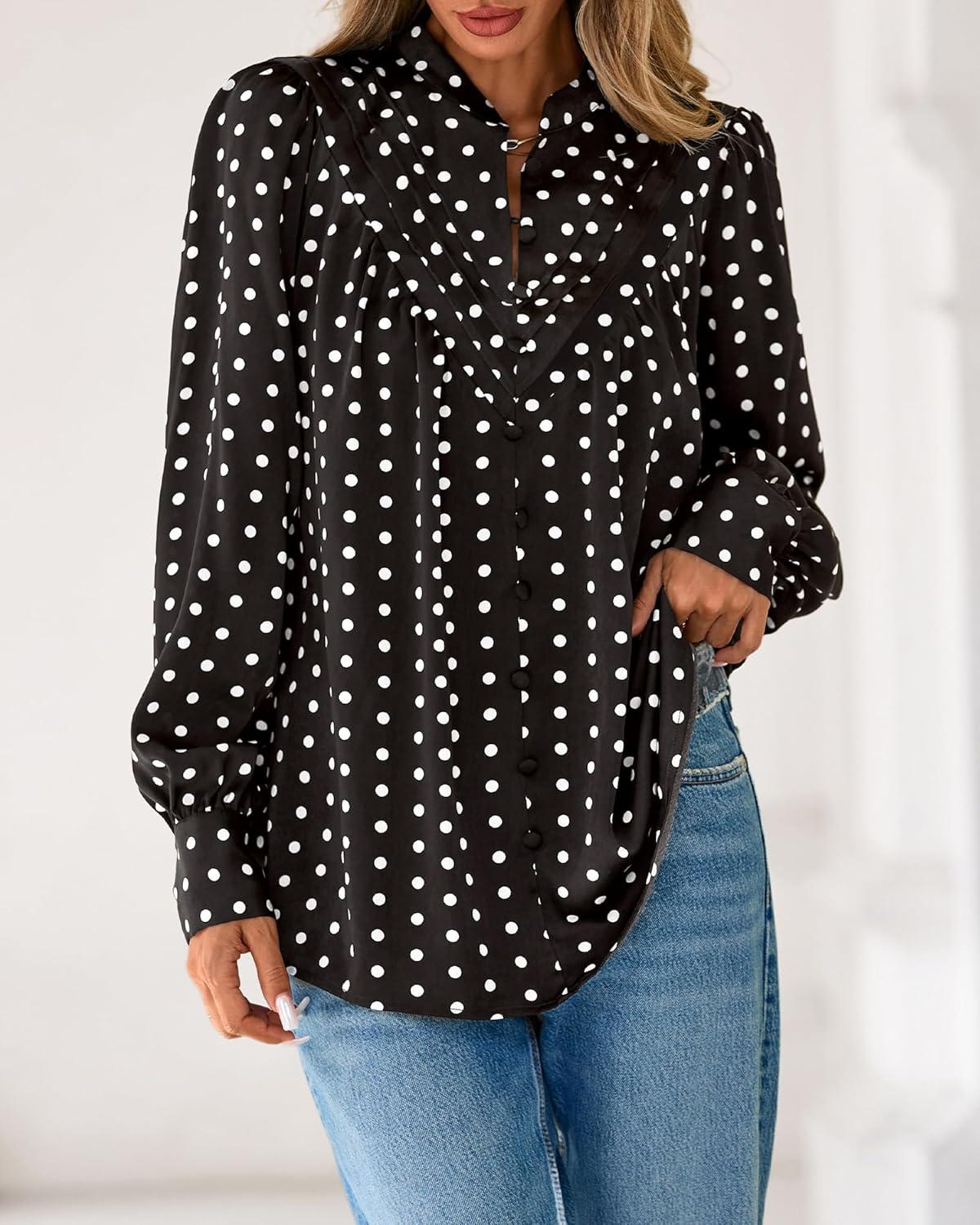 imageBTFBM Womens Tops Dressy Casual Fall 2025 Boho Floral V Neck Long Sleeve Half Button Down Shirt Work Business BlousesDot Black White